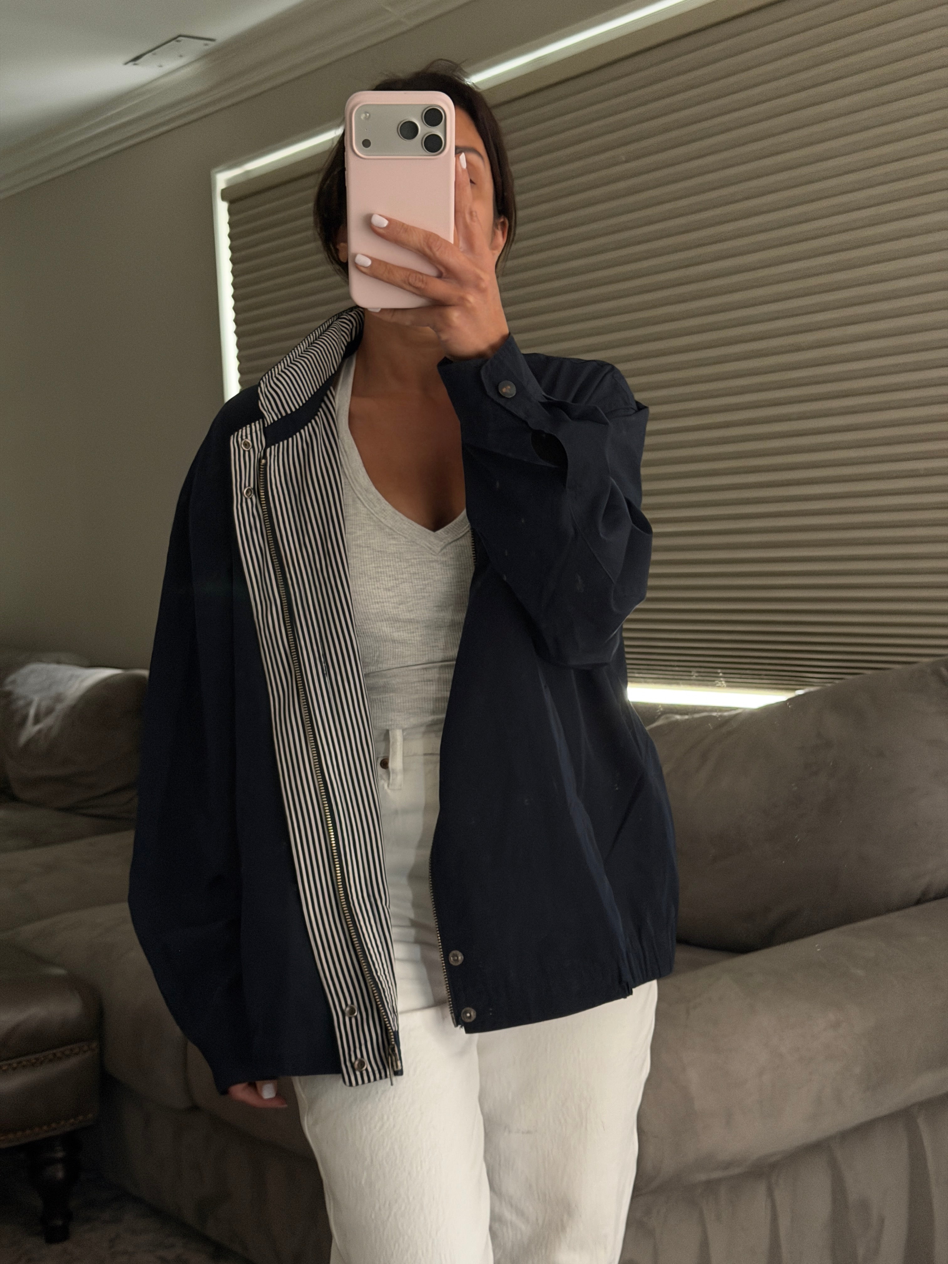 Yves Saint Laurent Vintage 90s Navy Windbreaker Jacket Stripe Lining White YSL Logo Hidden Hood Size 105
