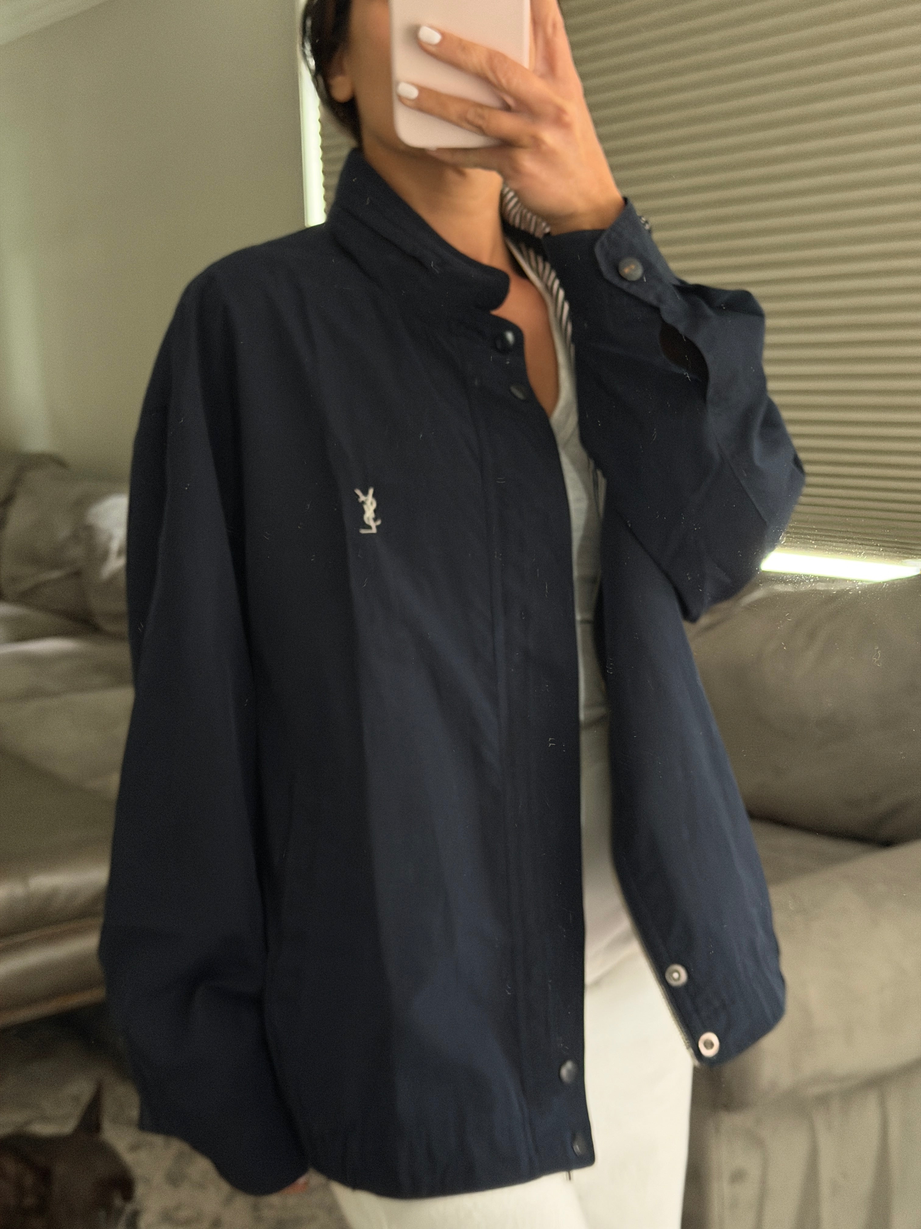 Yves Saint Laurent Vintage 90s Navy Windbreaker Jacket Stripe Lining White YSL Logo Hidden Hood Size 105