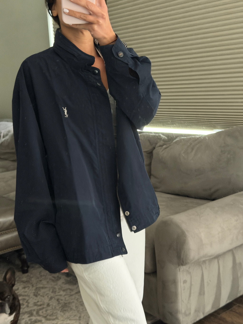 Yves Saint Laurent Vintage 90s Navy Windbreaker Jacket Stripe Lining White YSL Logo Hidden Hood Size 105