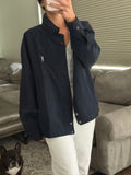 Yves Saint Laurent Vintage 90s Navy Windbreaker Jacket Stripe Lining White YSL Logo Hidden Hood Size 105