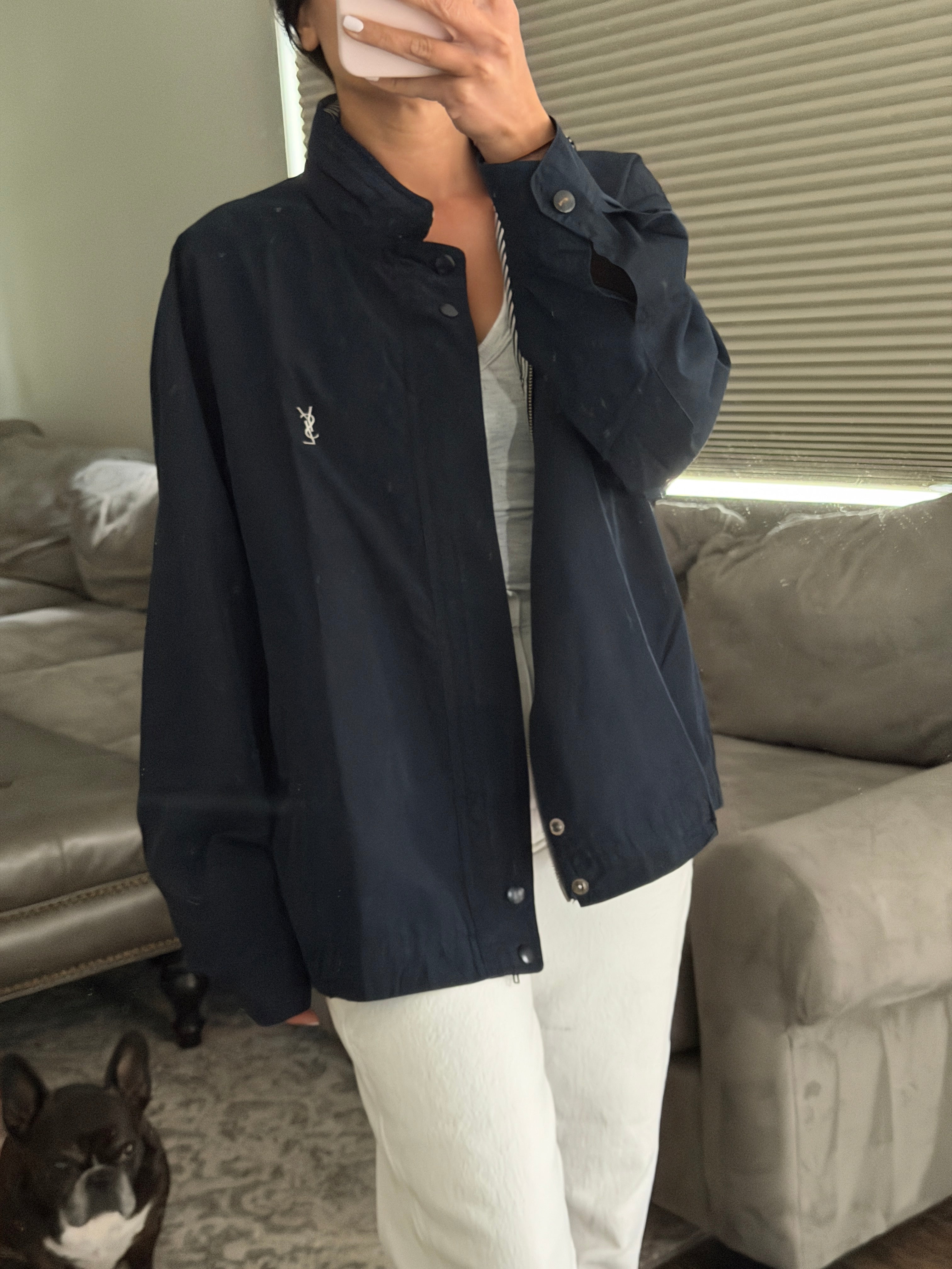 Yves Saint Laurent Vintage 90s Navy Windbreaker Jacket Stripe Lining White YSL Logo Hidden Hood Size 105