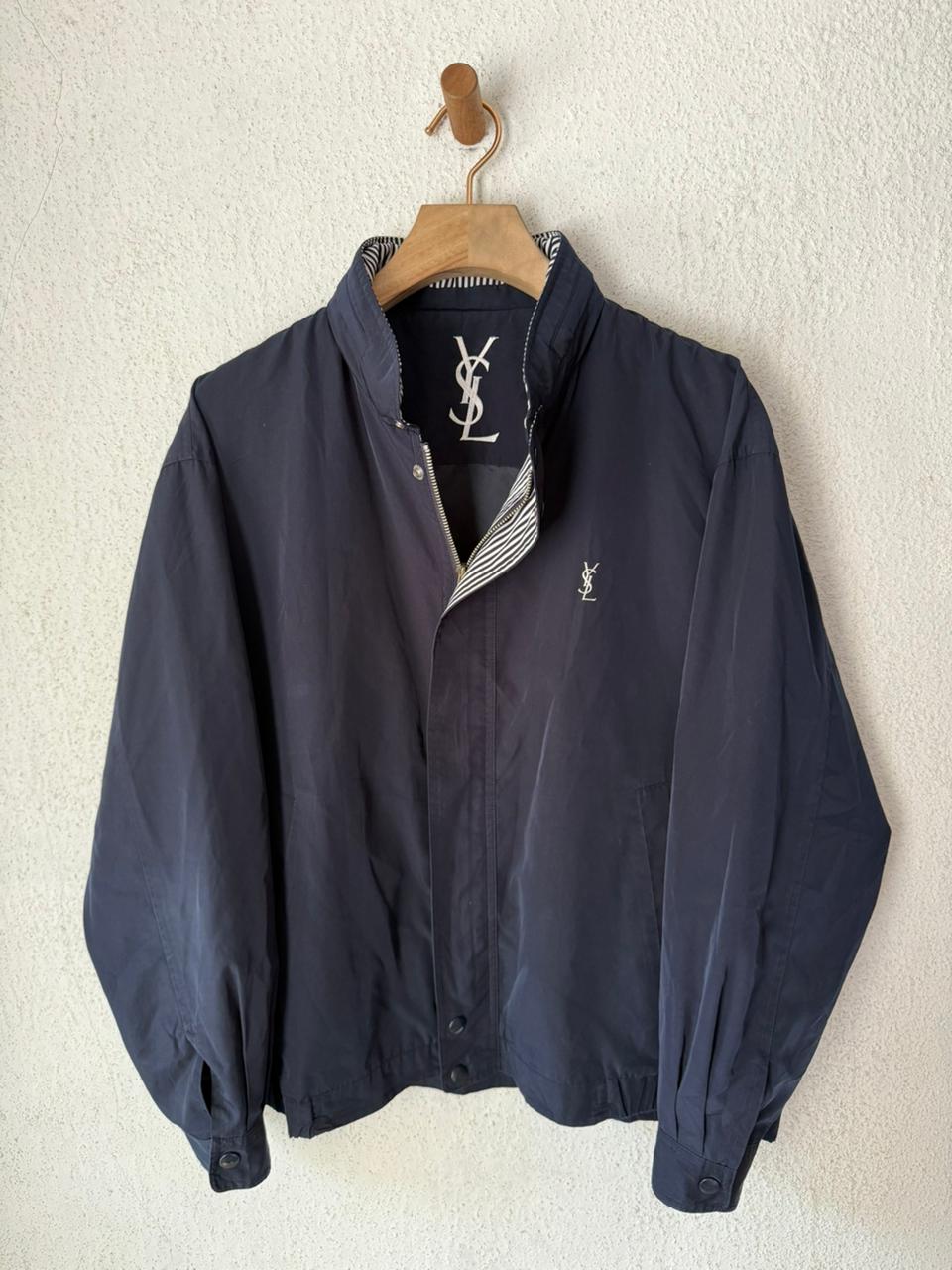 Yves Saint Laurent Vintage 90s Navy Windbreaker Jacket Stripe Lining White YSL Logo Hidden Hood Size 105