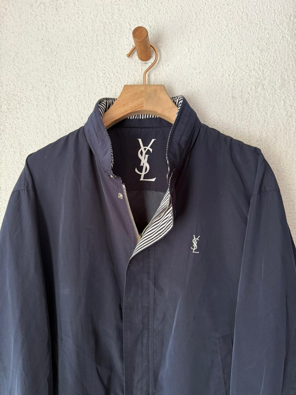 Yves Saint Laurent Vintage 90s Navy Windbreaker Jacket Stripe Lining White YSL Logo Hidden Hood Size 105