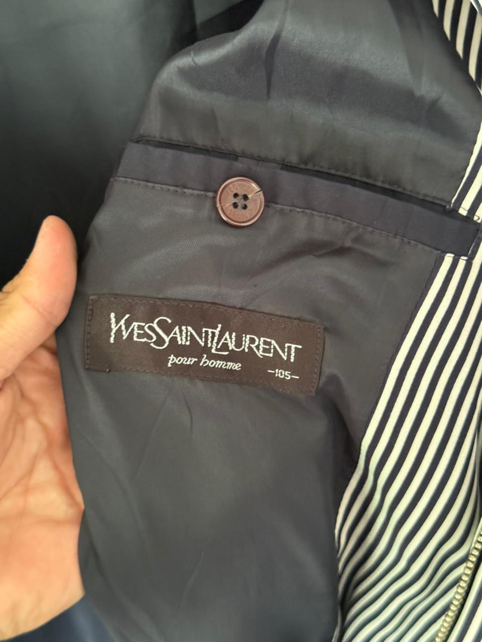 Yves Saint Laurent Vintage 90s Navy Windbreaker Jacket Stripe Lining White YSL Logo Hidden Hood Size 105