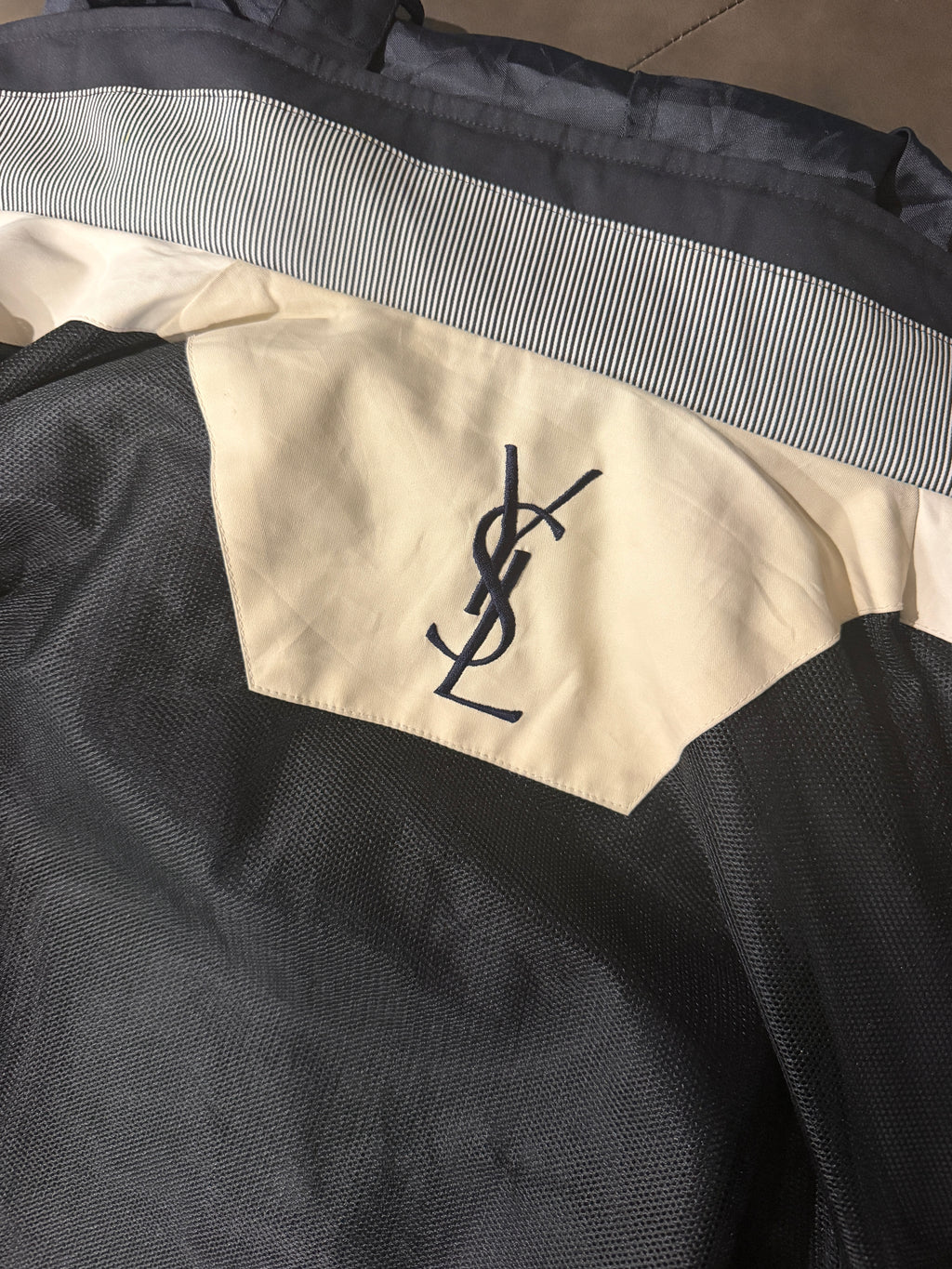 Yves Saint Laurent Vintage 90s Navy Windbreaker Jacket Stripe Lining White YSL Logo Hidden Hood Size 100