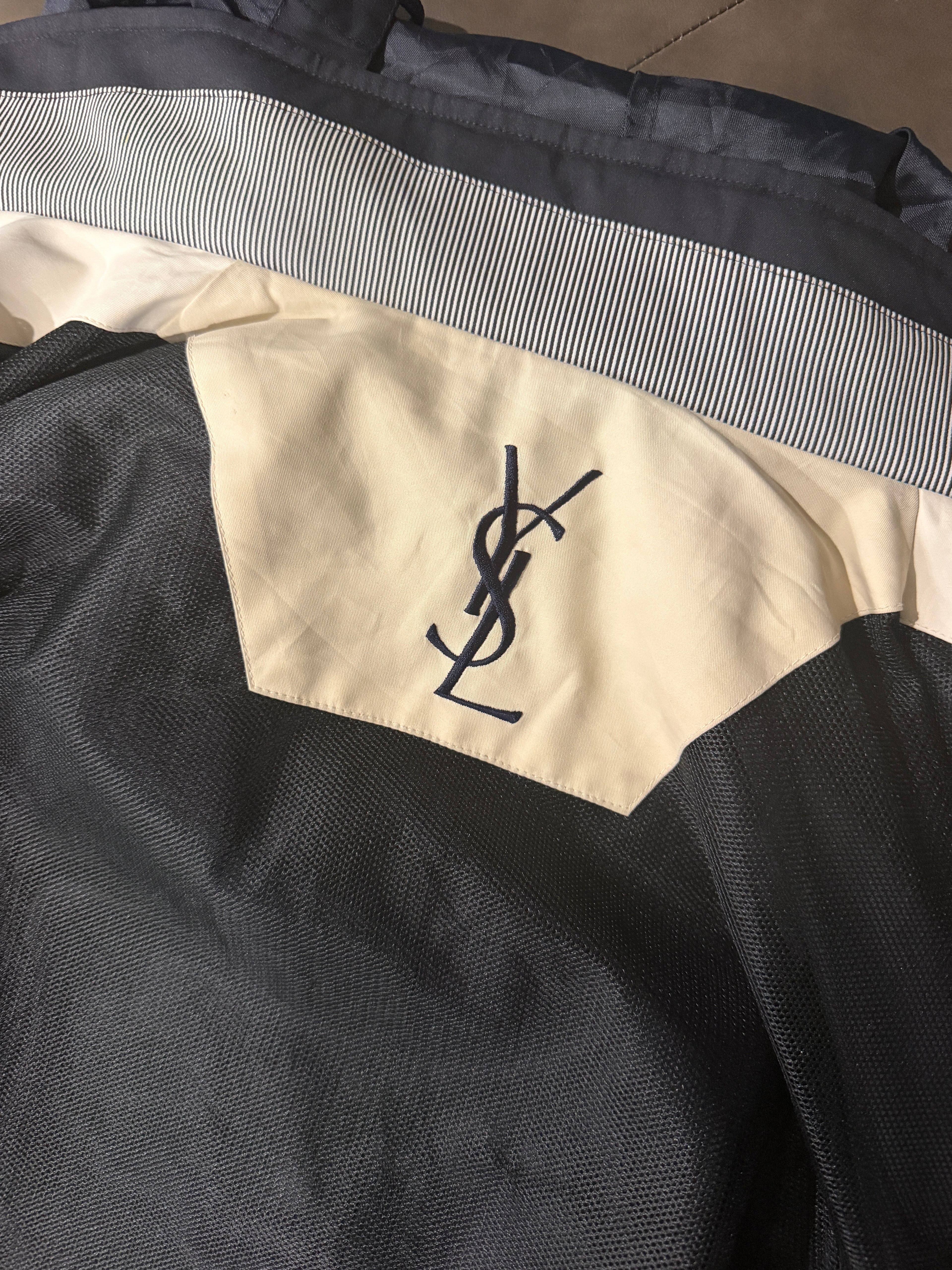 Yves Saint Laurent Vintage 90s Navy Windbreaker Jacket Stripe Lining White YSL Logo Hidden Hood Size 100