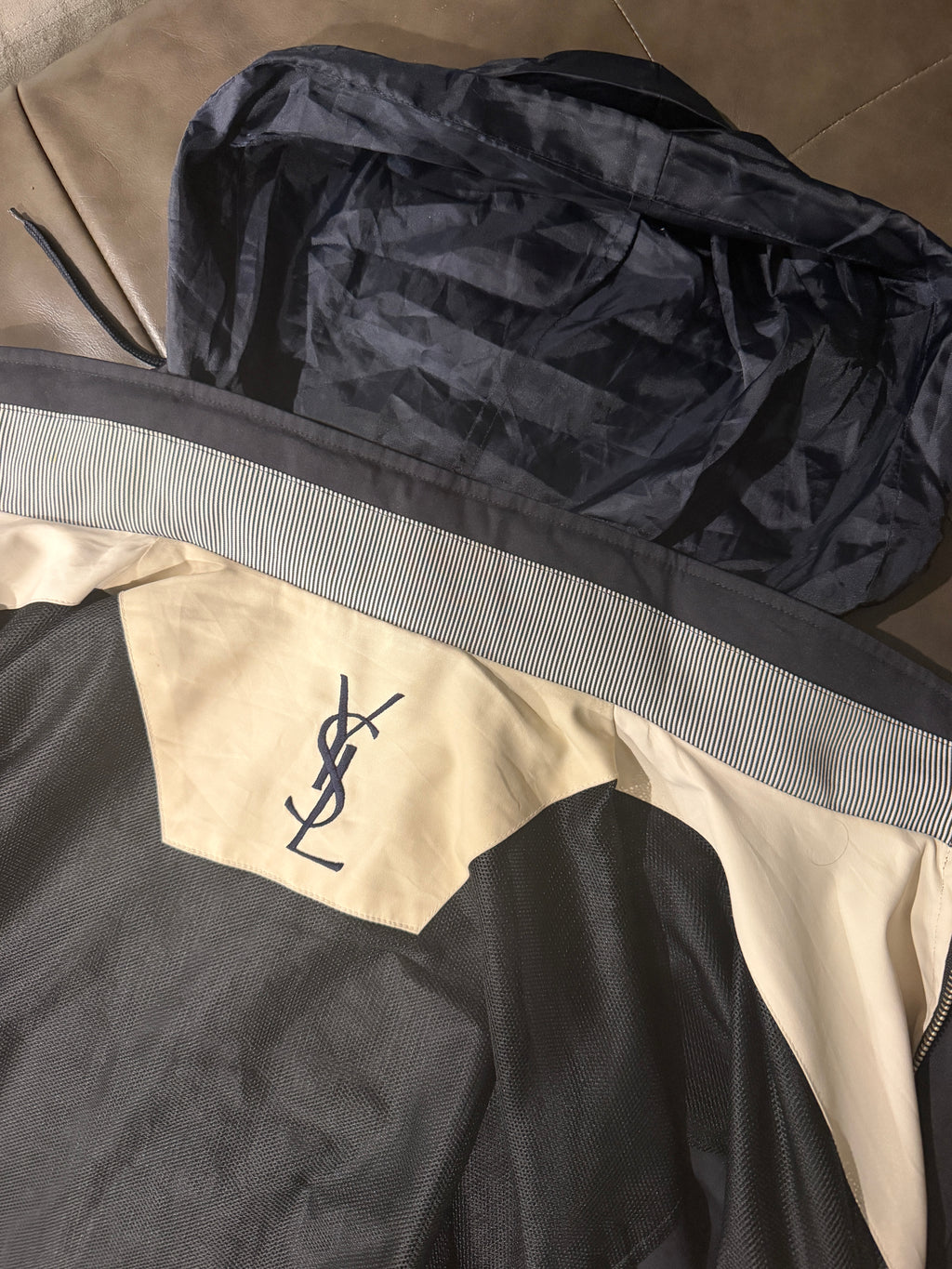 Yves Saint Laurent Vintage 90s Navy Windbreaker Jacket Stripe Lining White YSL Logo Hidden Hood Size 100