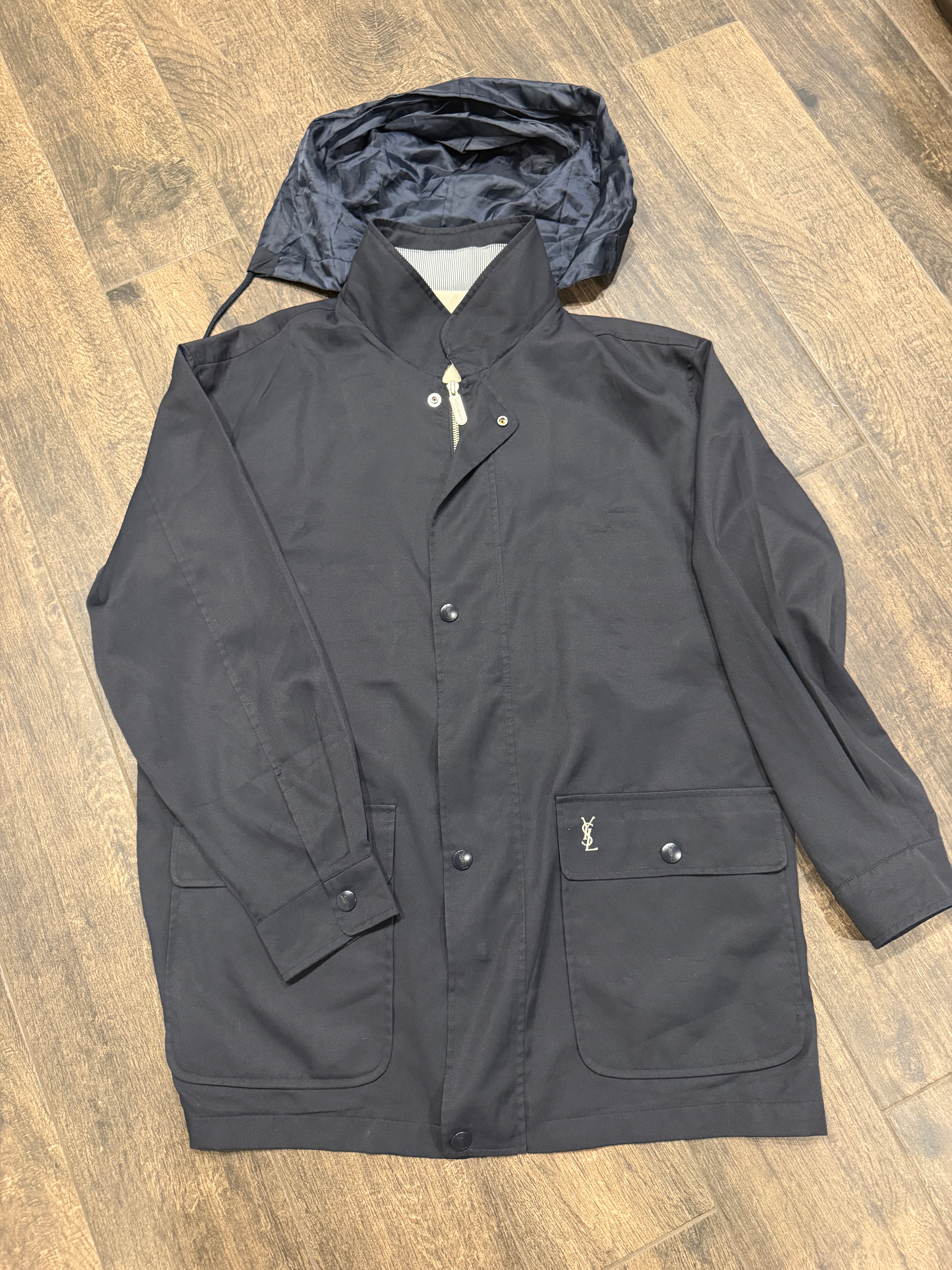 Yves Saint Laurent Vintage 90s Navy Windbreaker Jacket Stripe Lining White YSL Logo Hidden Hood Size 100
