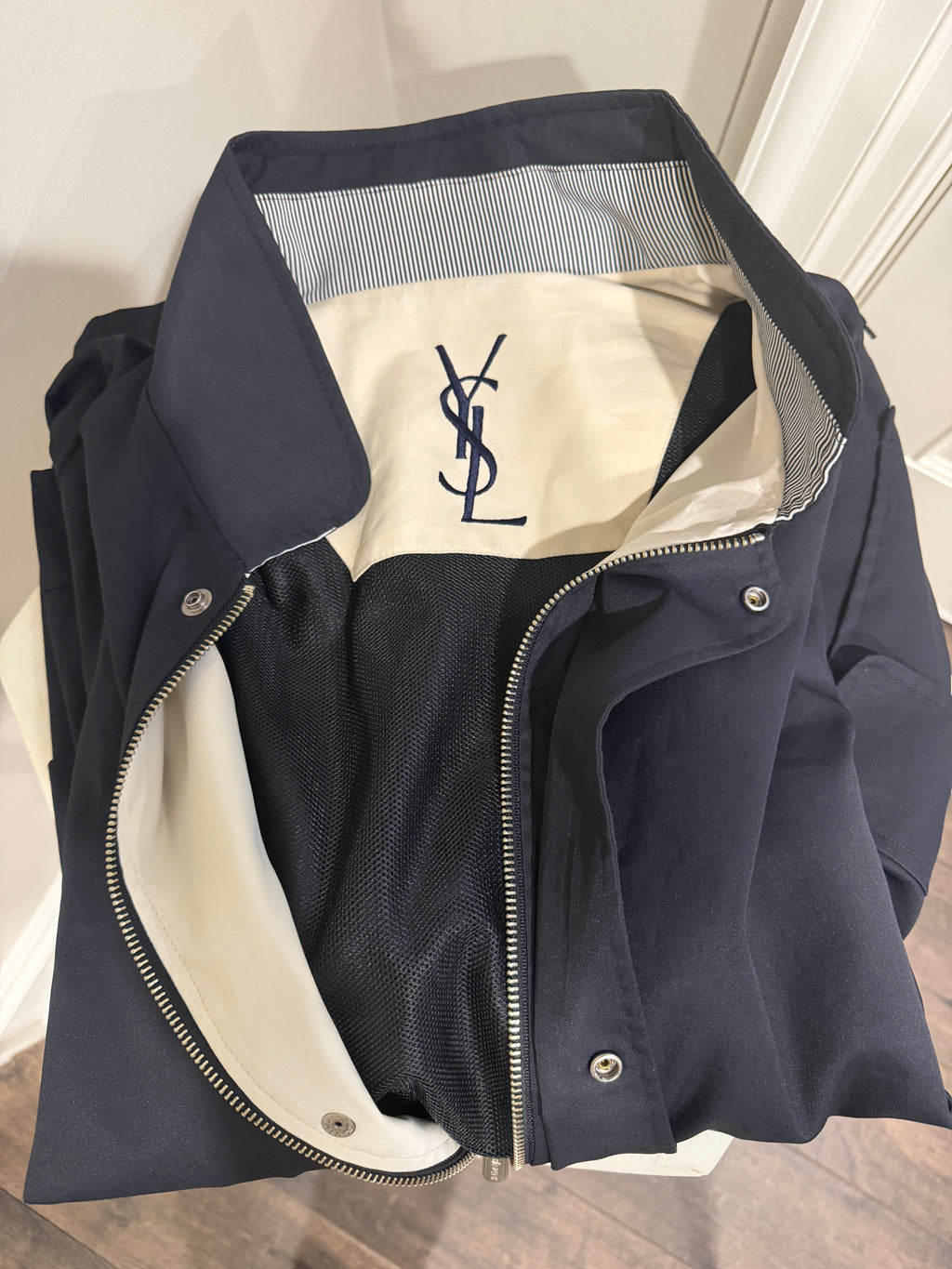 Yves Saint Laurent Vintage 90s Navy Windbreaker Jacket Stripe Lining White YSL Logo Hidden Hood Size 100