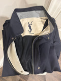 Yves Saint Laurent Vintage 90s Navy Windbreaker Jacket Stripe Lining White YSL Logo Hidden Hood Size 100