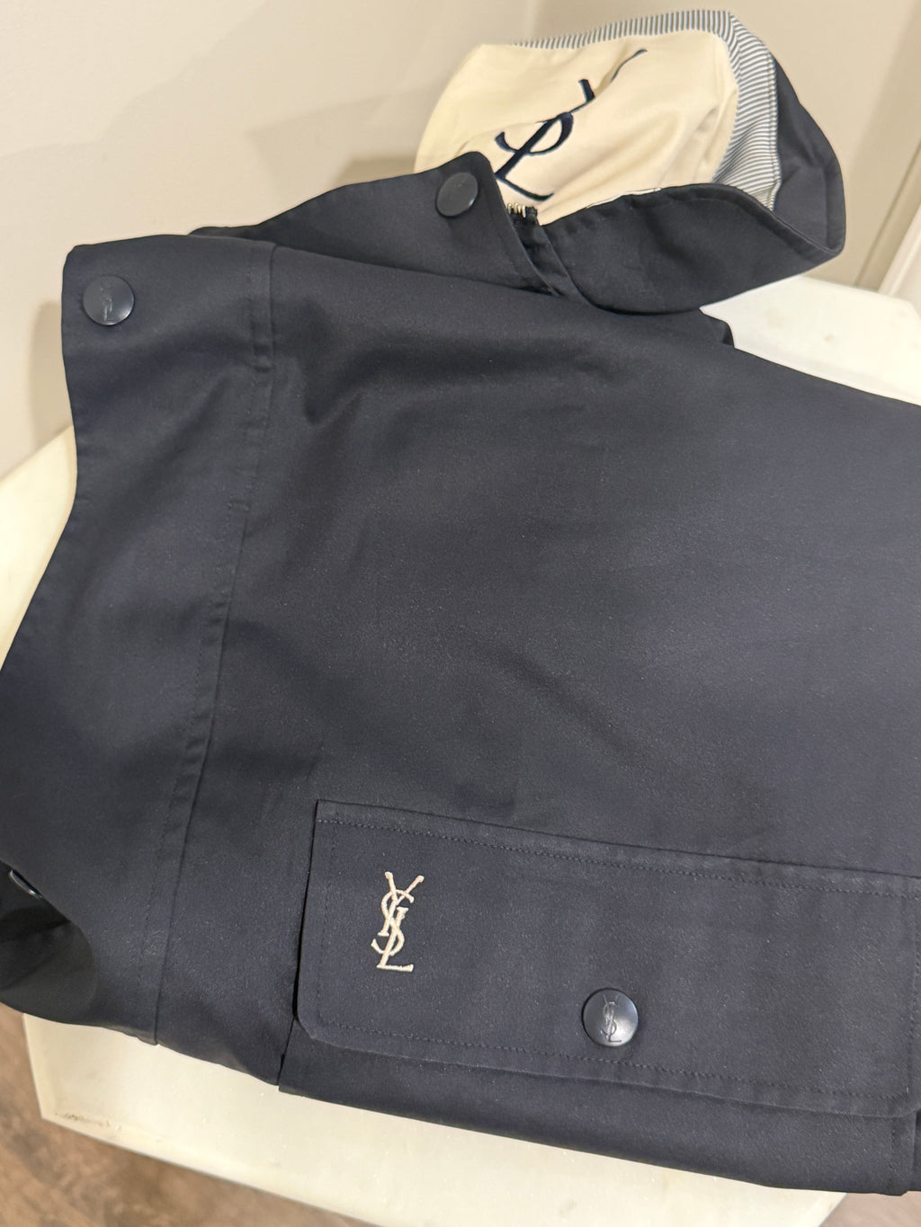 Yves Saint Laurent Vintage 90s Navy Windbreaker Jacket Stripe Lining White YSL Logo Hidden Hood Size 100