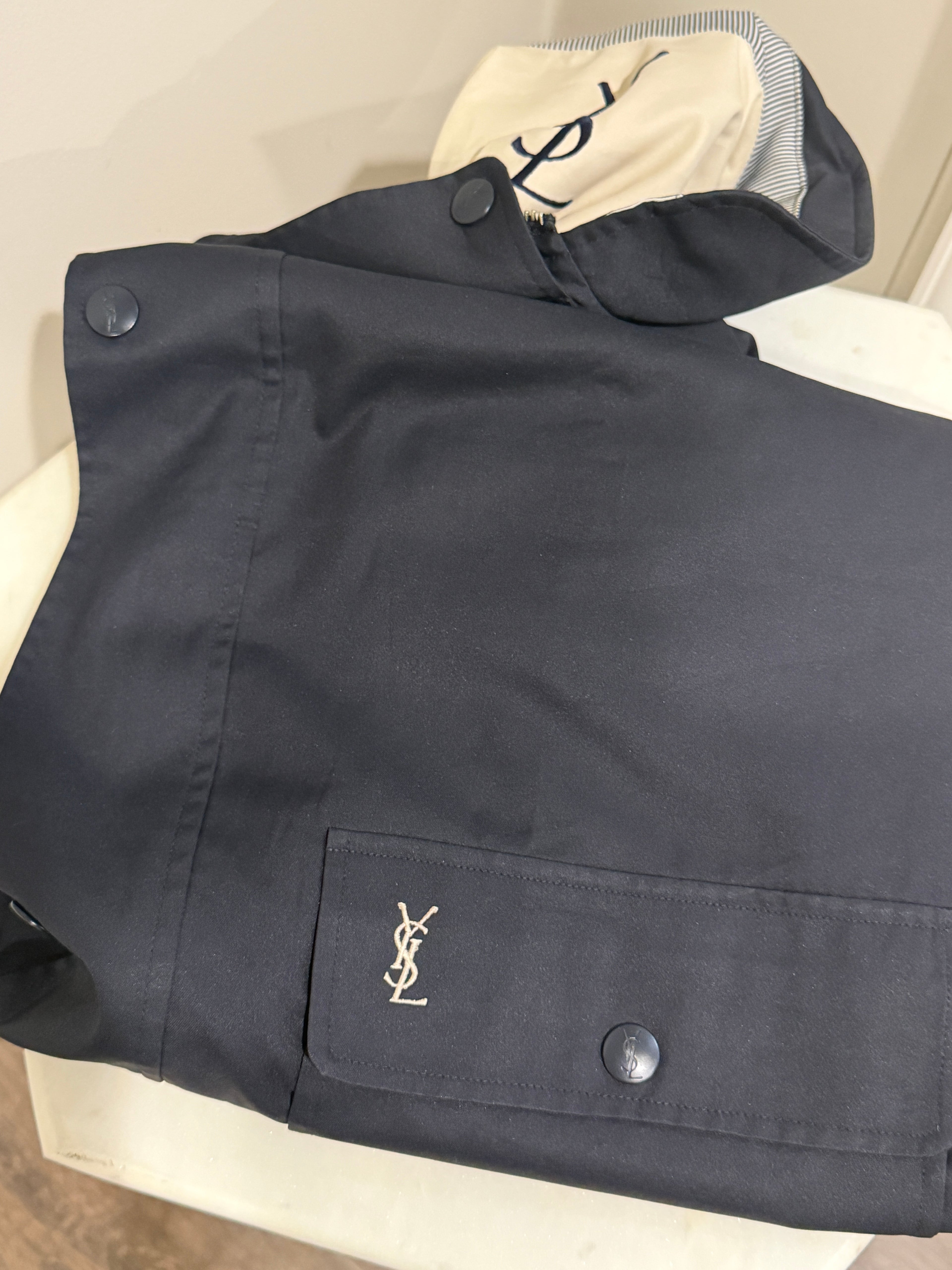 Yves Saint Laurent Vintage 90s Navy Windbreaker Jacket Stripe Lining White YSL Logo Hidden Hood Size 100