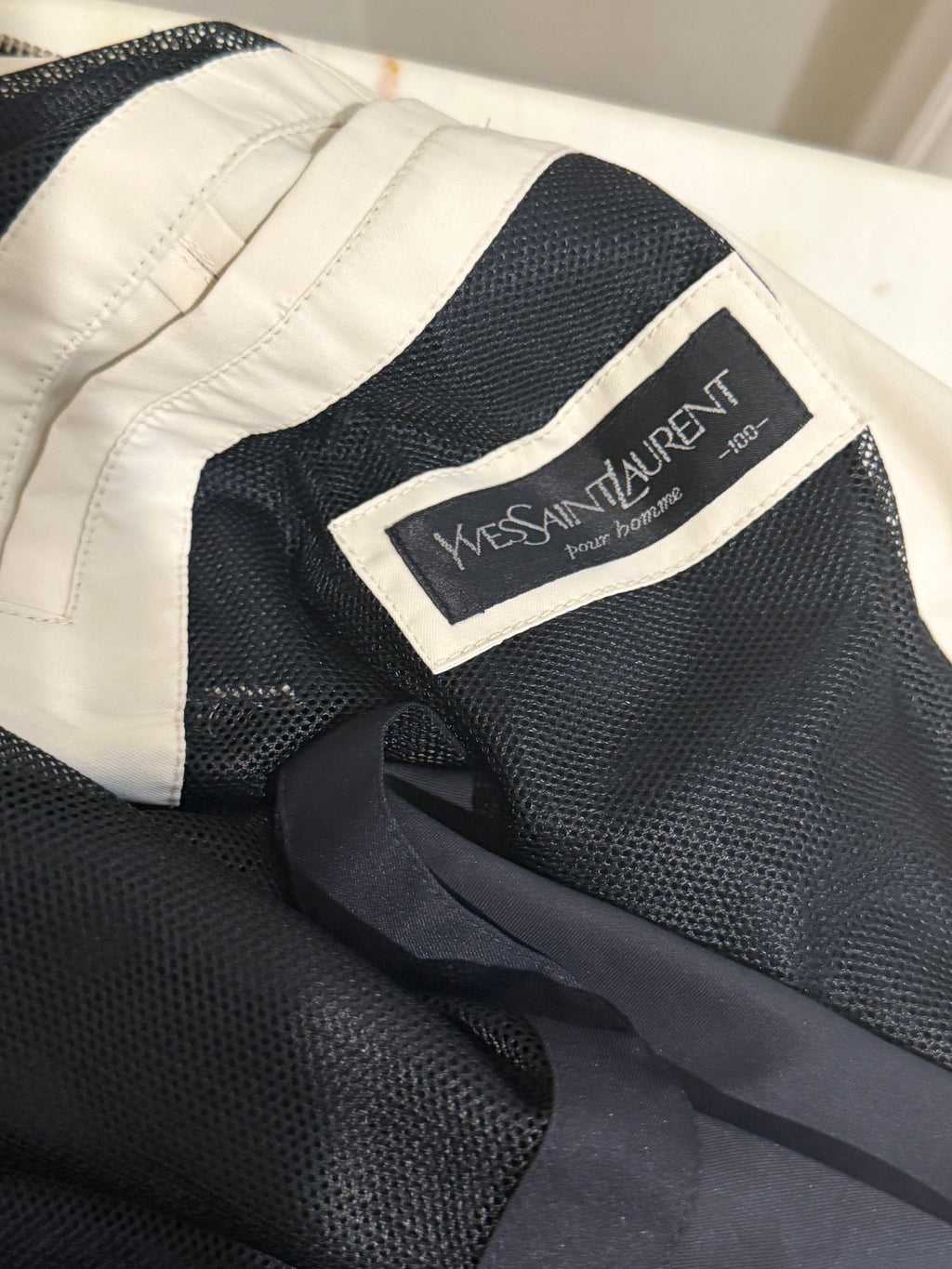 Yves Saint Laurent Vintage 90s Navy Windbreaker Jacket Stripe Lining White YSL Logo Hidden Hood Size 100
