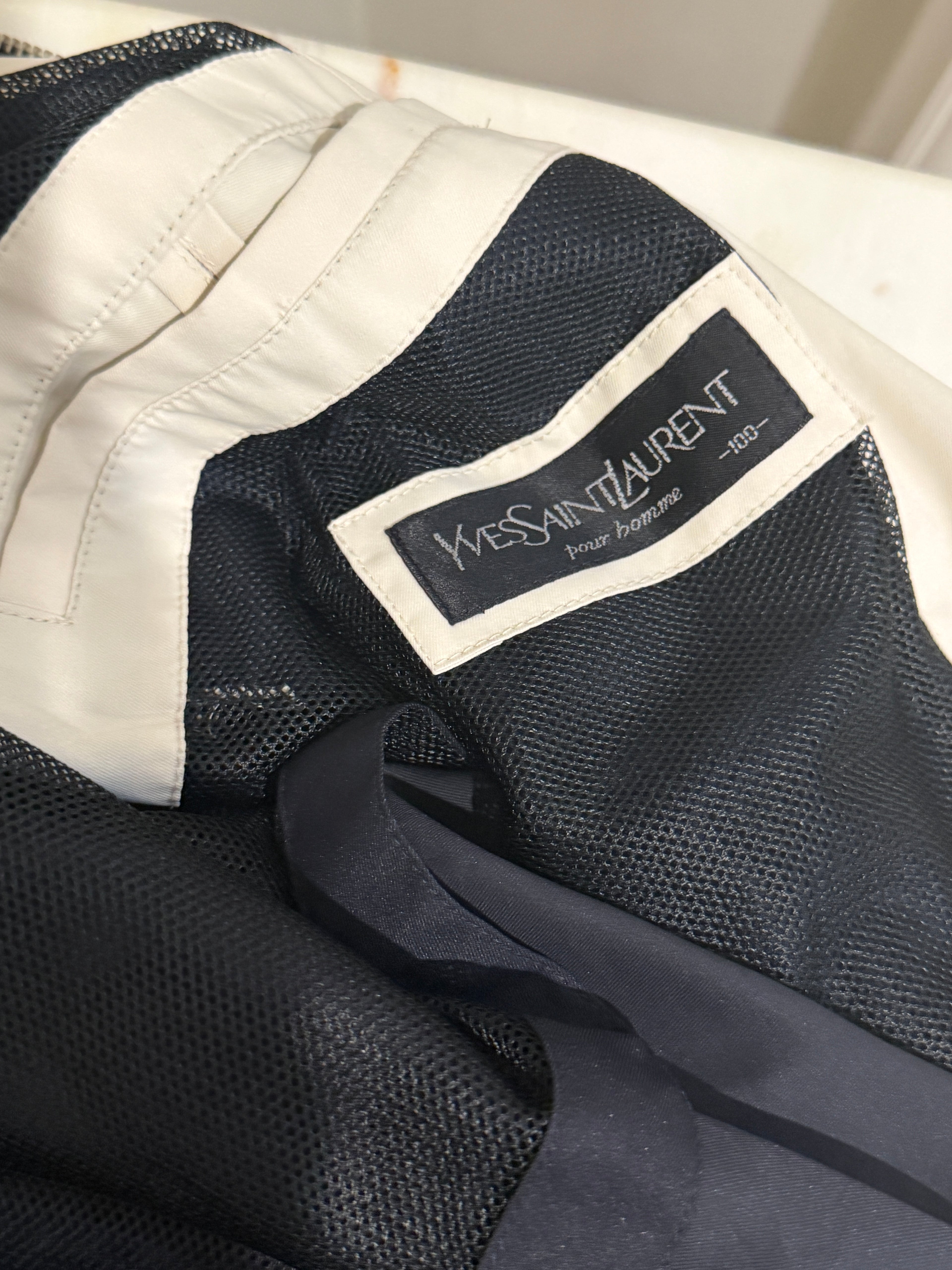 Yves Saint Laurent Vintage 90s Navy Windbreaker Jacket Stripe Lining White YSL Logo Hidden Hood Size 100