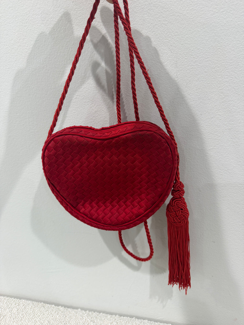 Bottega Veneta Rare Red Satin Heart Intrecciato Crossbody Bag