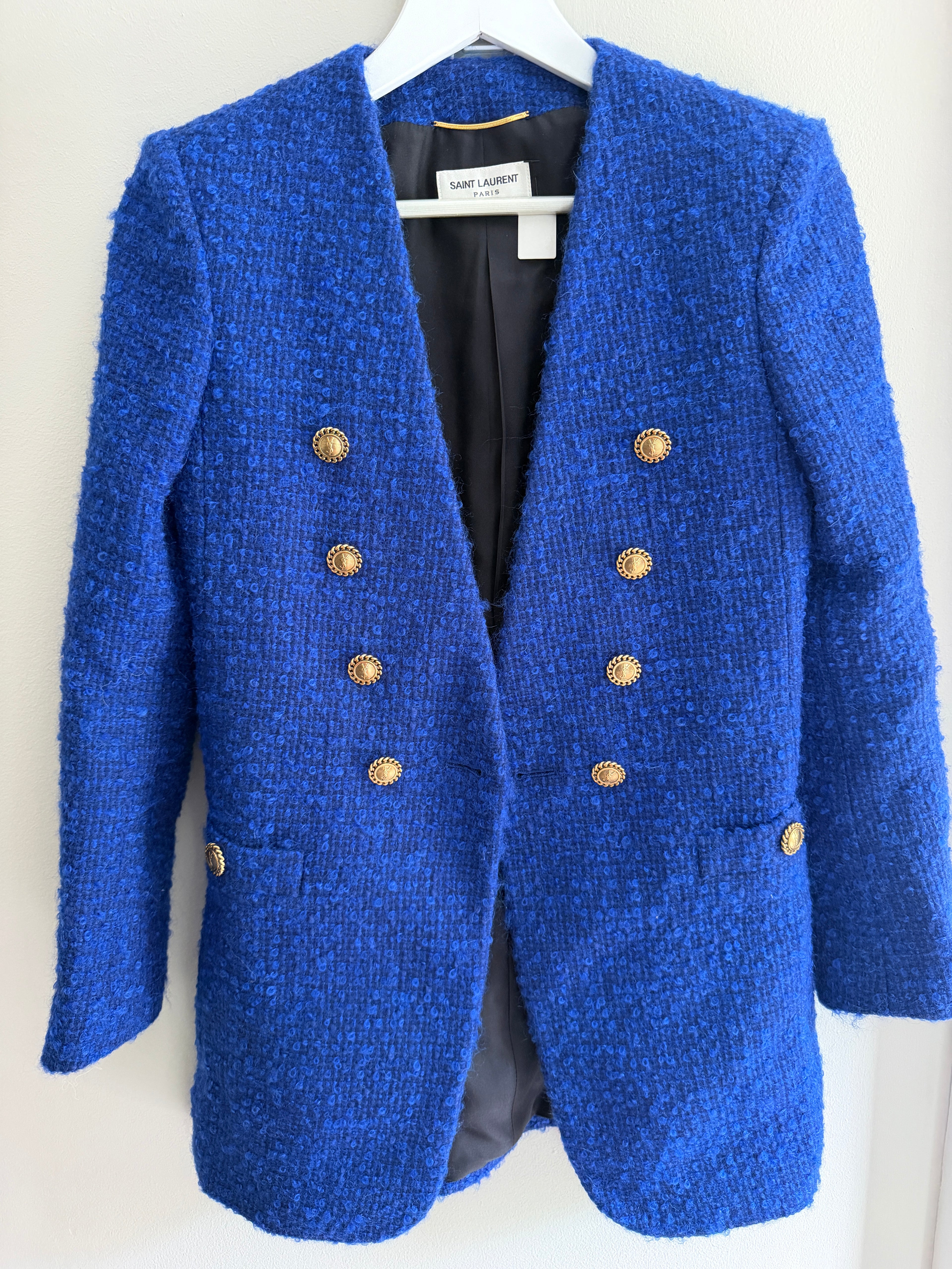 Saint Laurent YSL Gold Button Blue Tweed Blazer