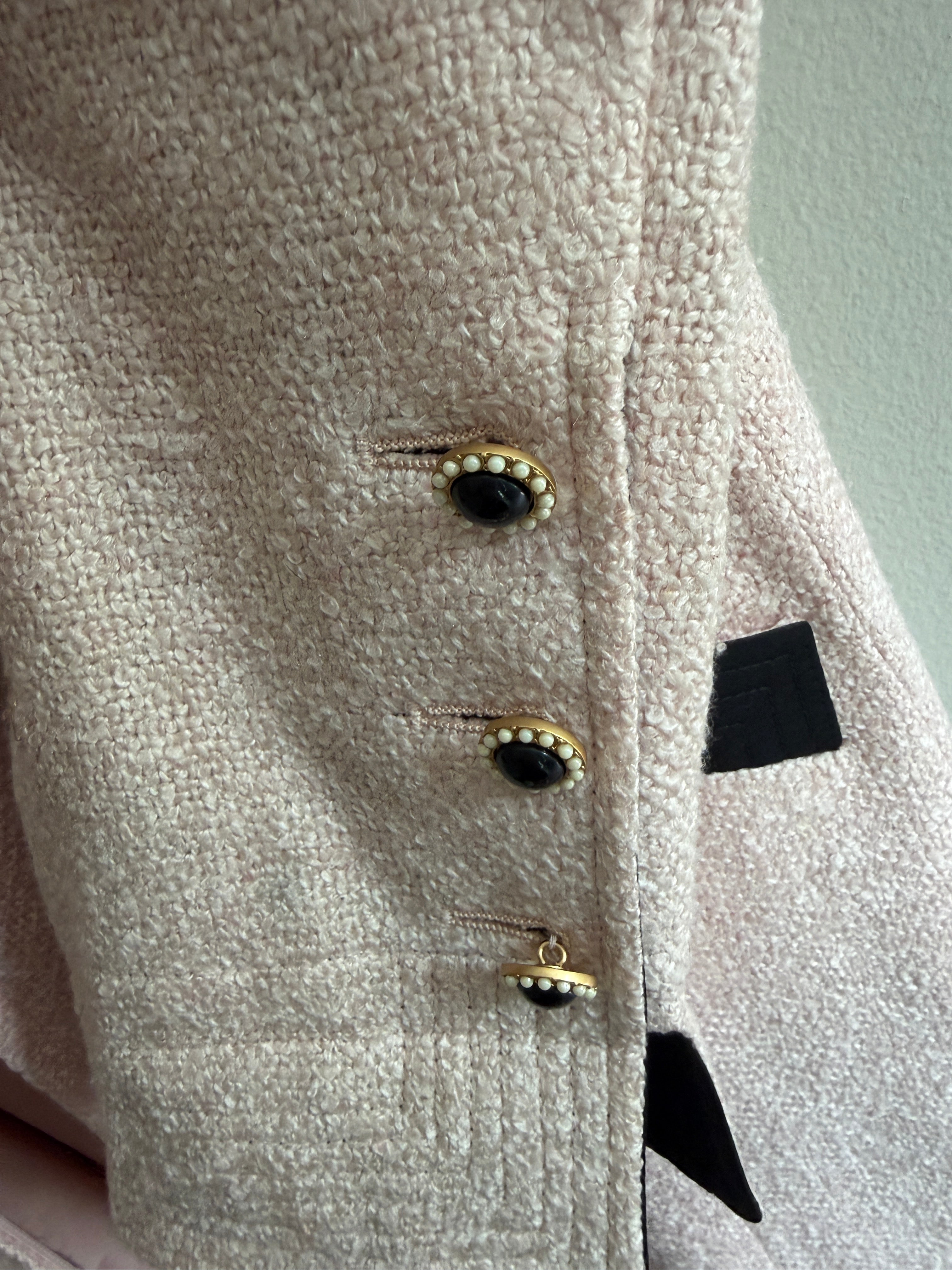 Chanel Pink Tweed Black Trim Long Blazer