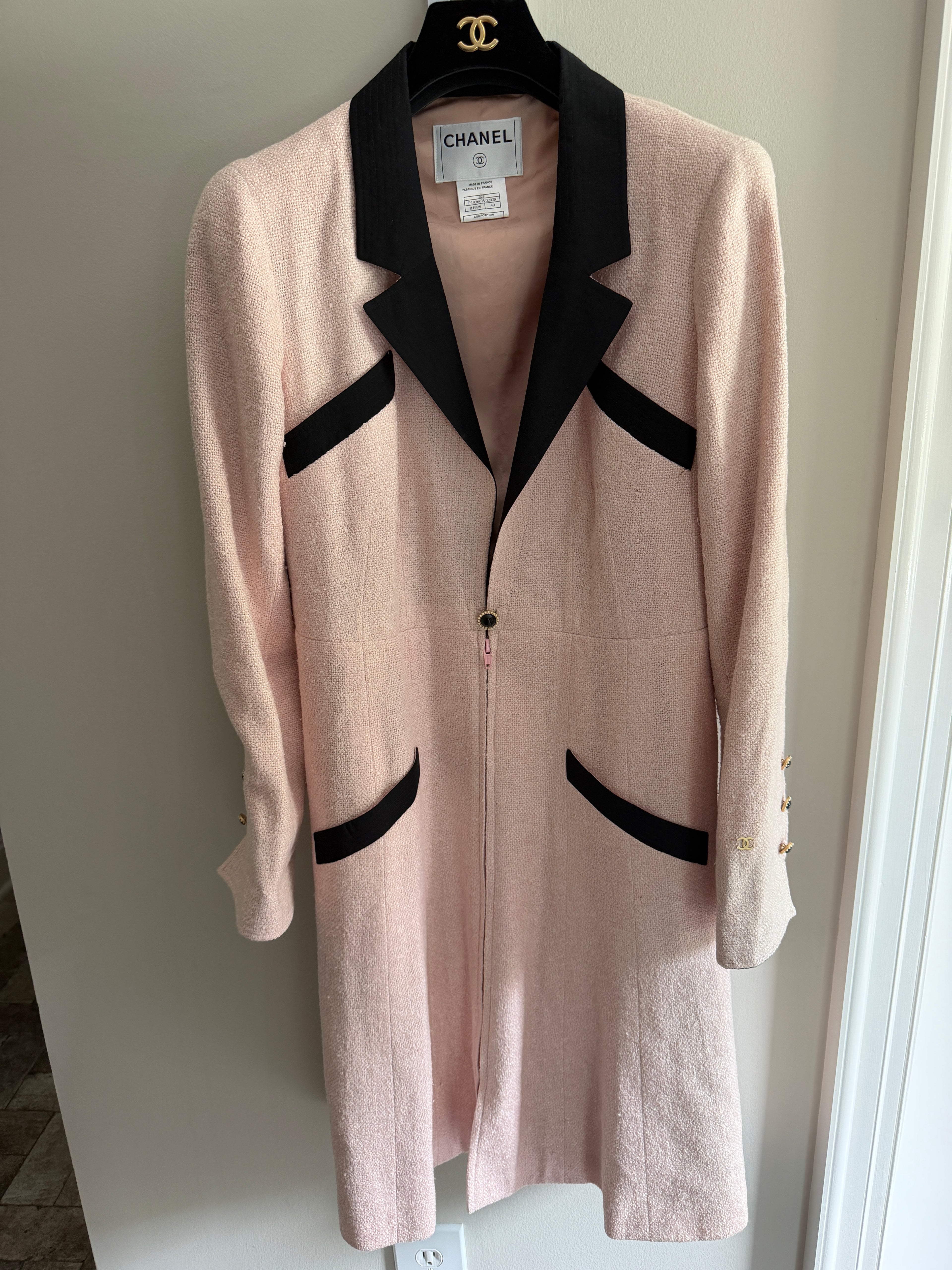 Chanel Pink Tweed Black Trim Long Blazer