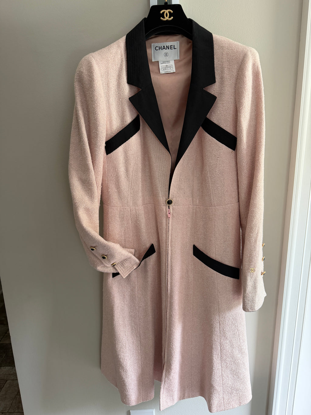 Chanel Pink Tweed Black Trim Long Blazer