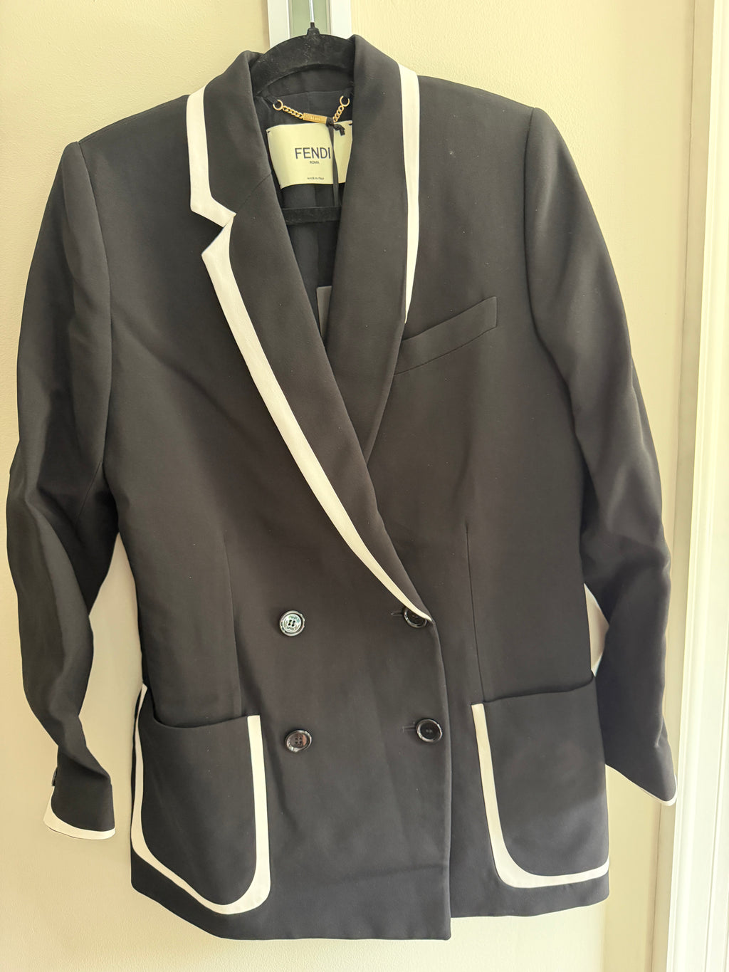 Fendi x Joshua Vides Contrast Trim Double Breasted Blazer Jacket Black White NWT