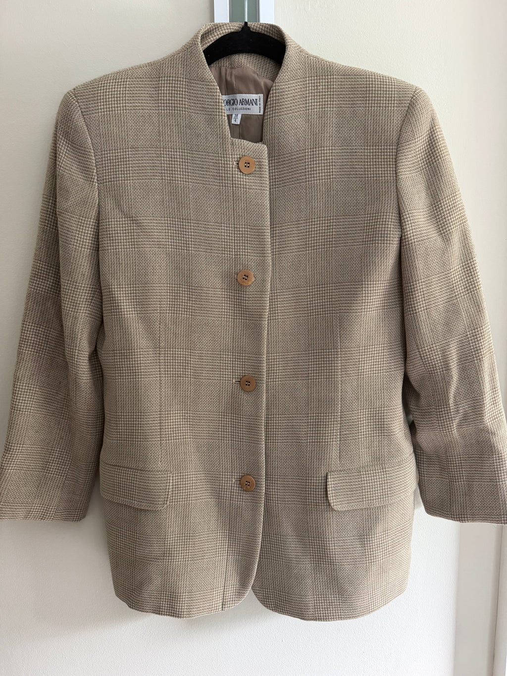 Giorgio Armani Neutral Plaid Collarless Linen Blend Blazer Button Front Jacket