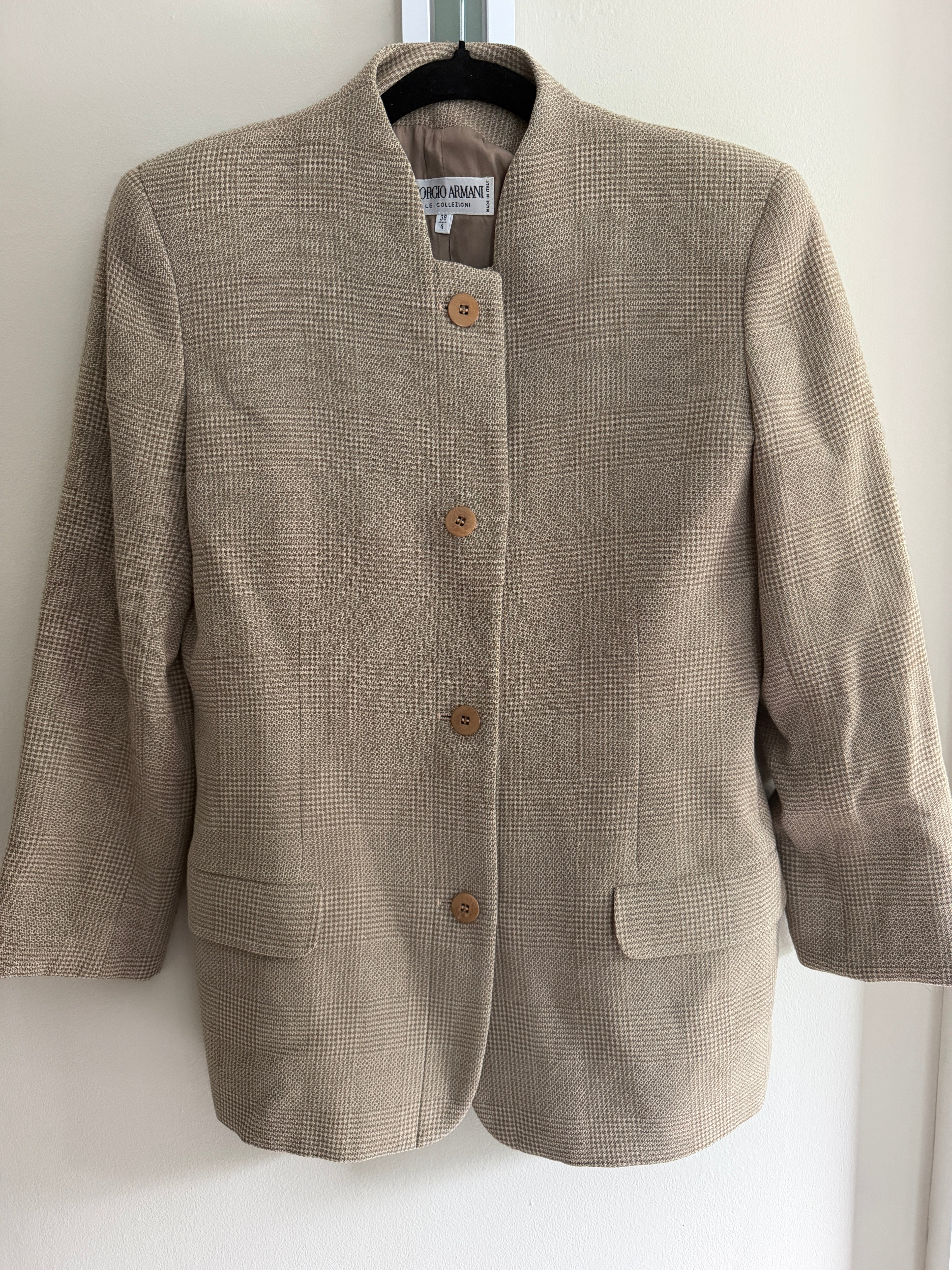 Giorgio Armani Neutral Plaid Collarless Linen Blend Blazer Button Front Jacket