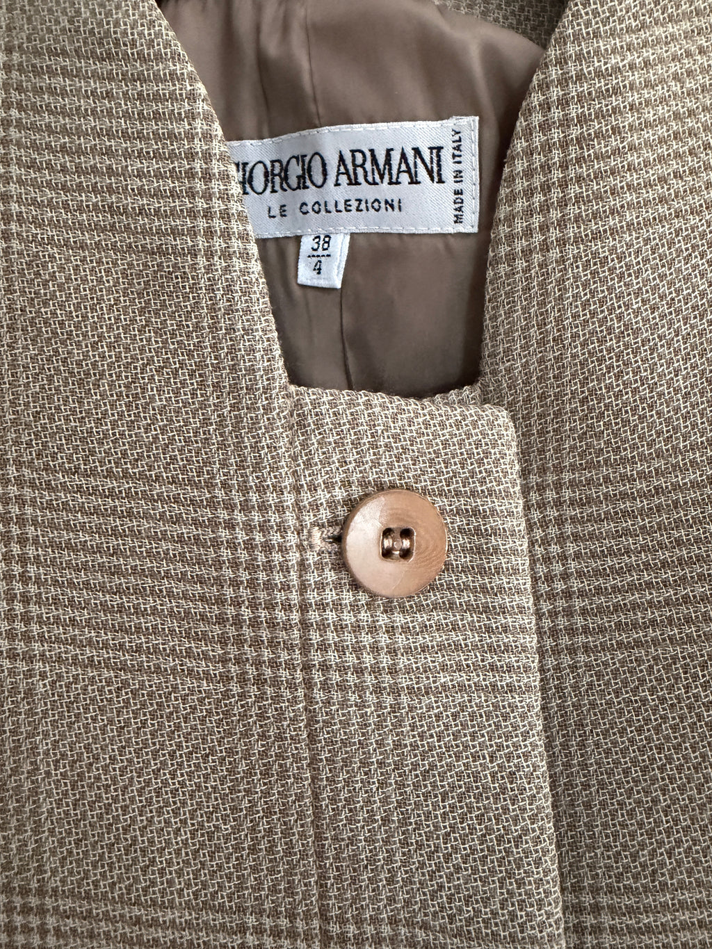 Giorgio Armani Neutral Plaid Collarless Linen Blend Blazer Button Front Jacket