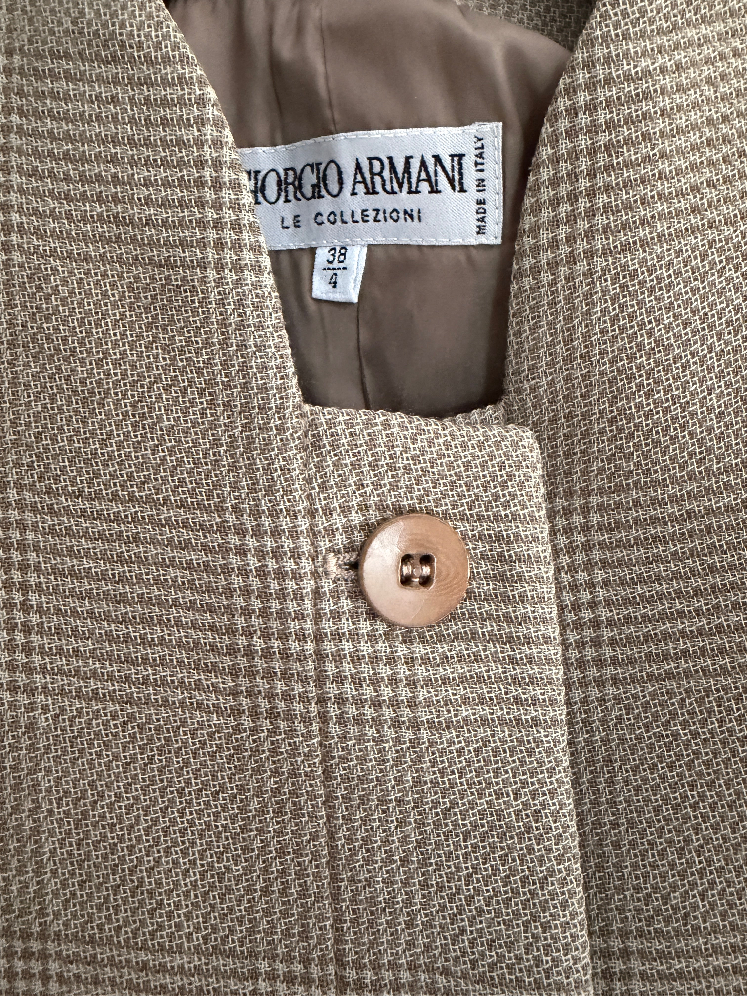 Giorgio Armani Neutral Plaid Collarless Linen Blend Blazer Button Front Jacket