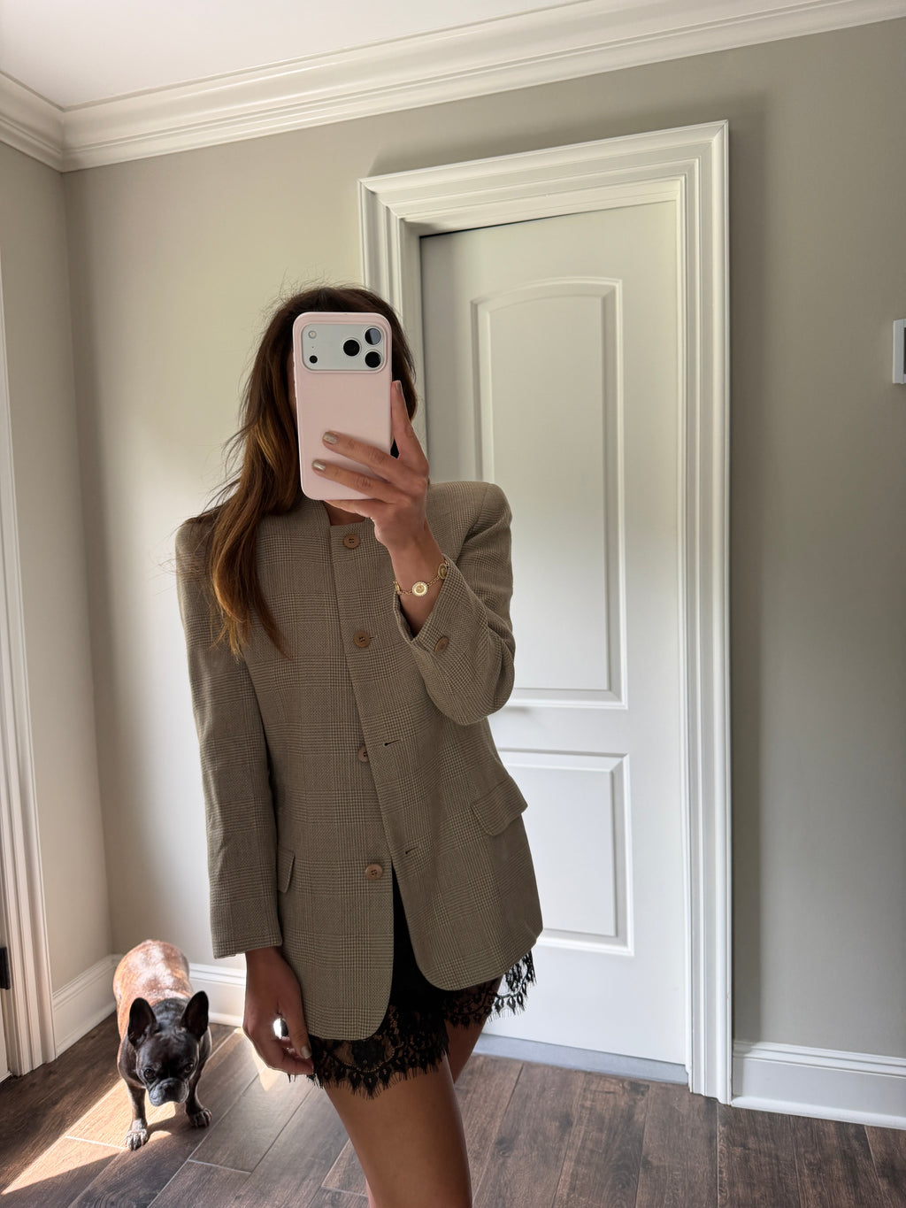 Giorgio Armani Neutral Plaid Collarless Linen Blend Blazer Button Front Jacket