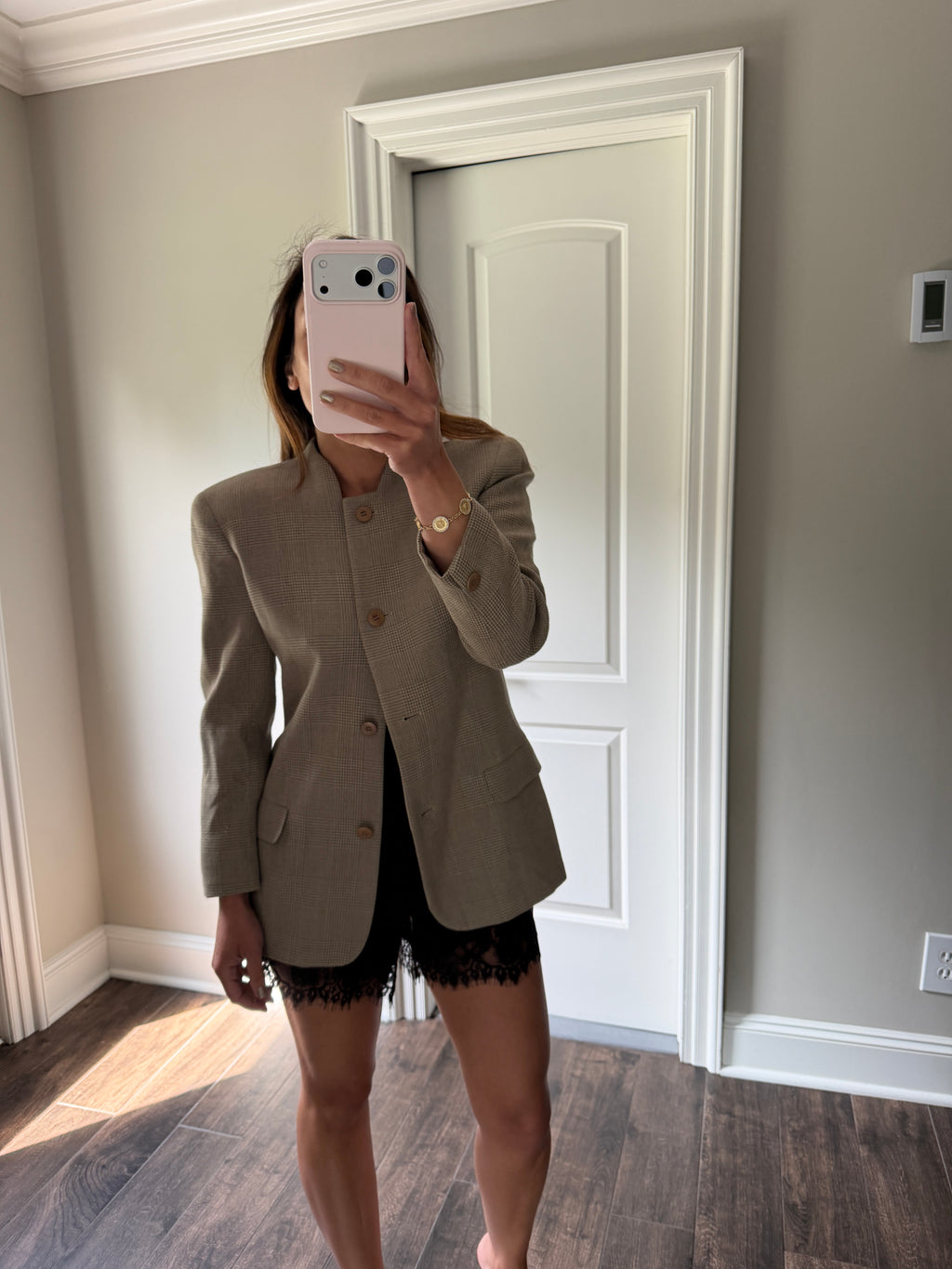Giorgio Armani Neutral Plaid Collarless Linen Blend Blazer Button Front Jacket