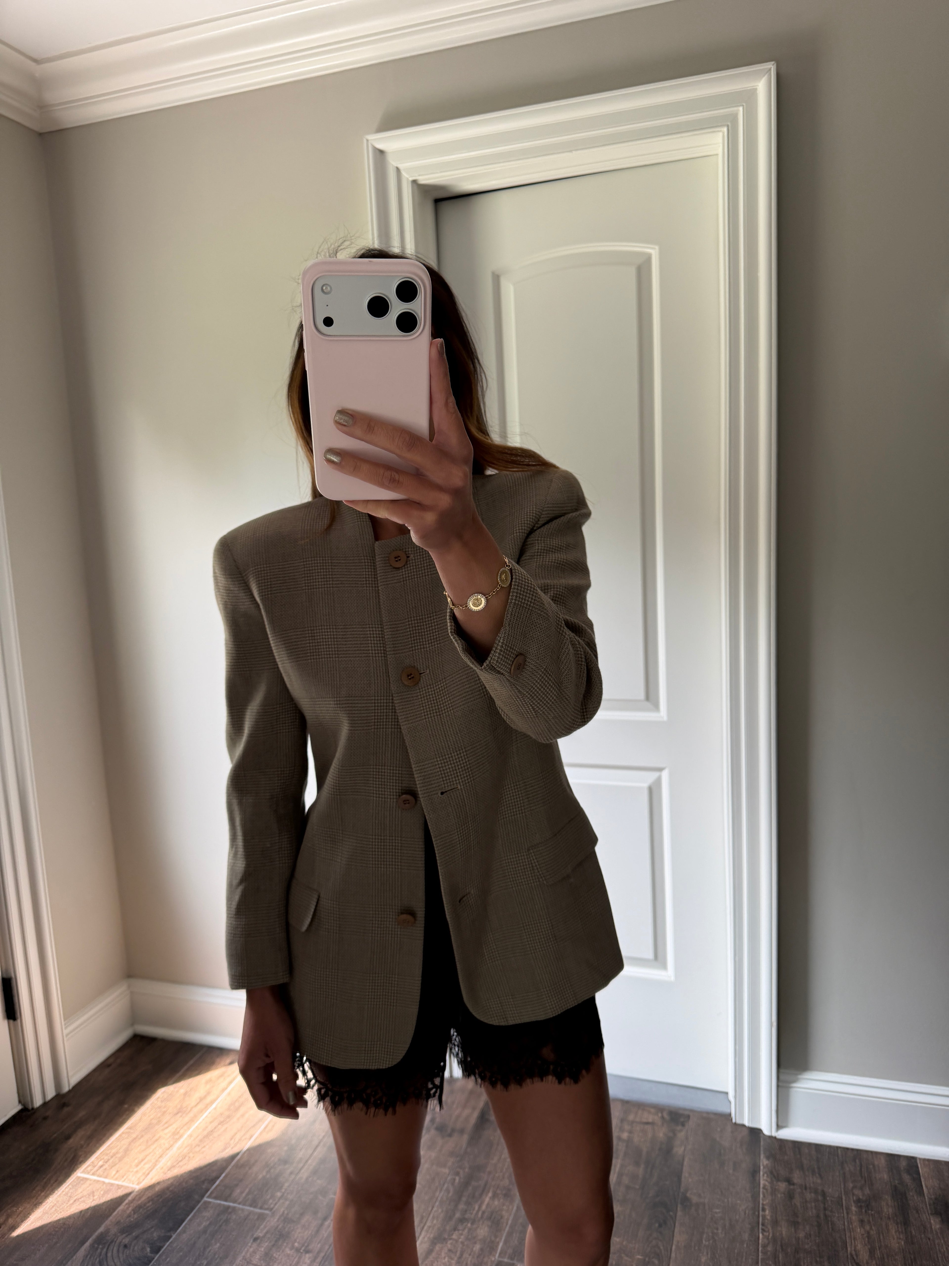 Giorgio Armani Neutral Plaid Collarless Linen Blend Blazer Button Front Jacket