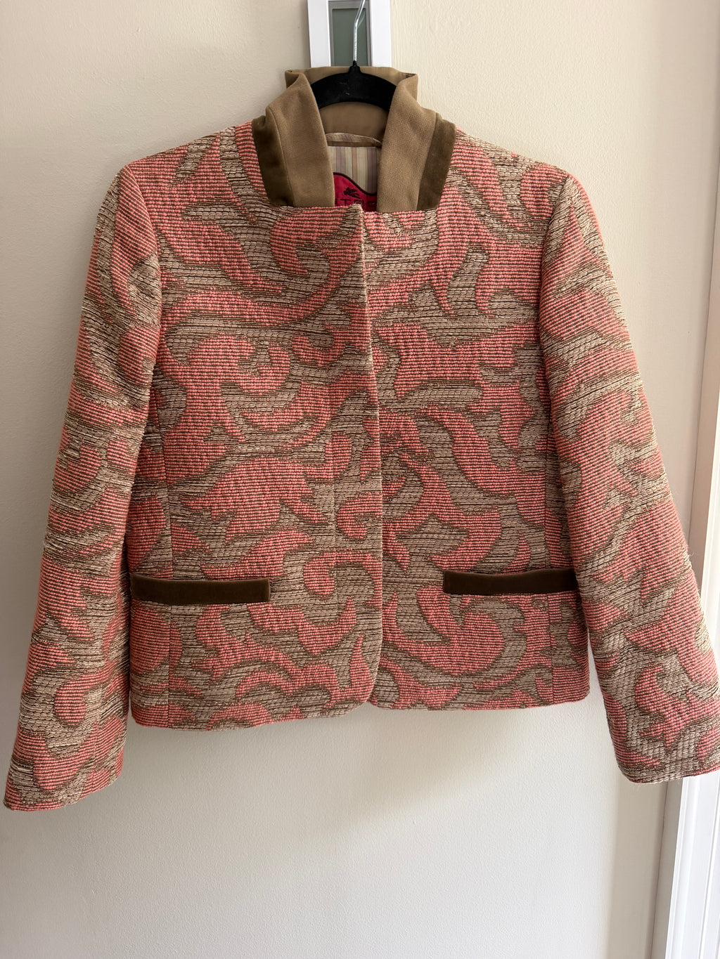 Etro Pink Printed Shawl Collar Blazer IT44 Wool Silk Blend Tailored Jacket