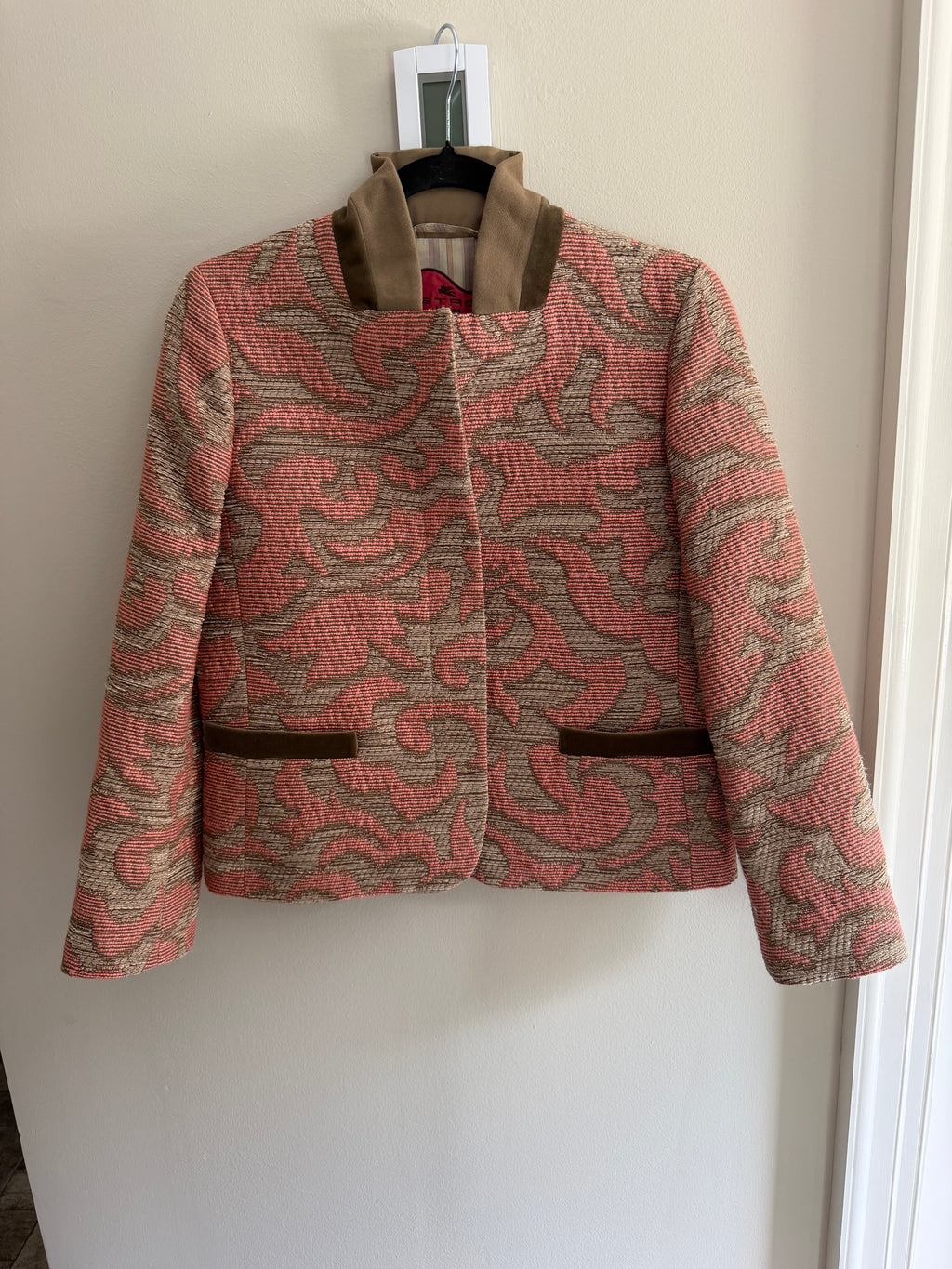 Etro Pink Printed Shawl Collar Blazer IT44 Wool Silk Blend Tailored Jacket