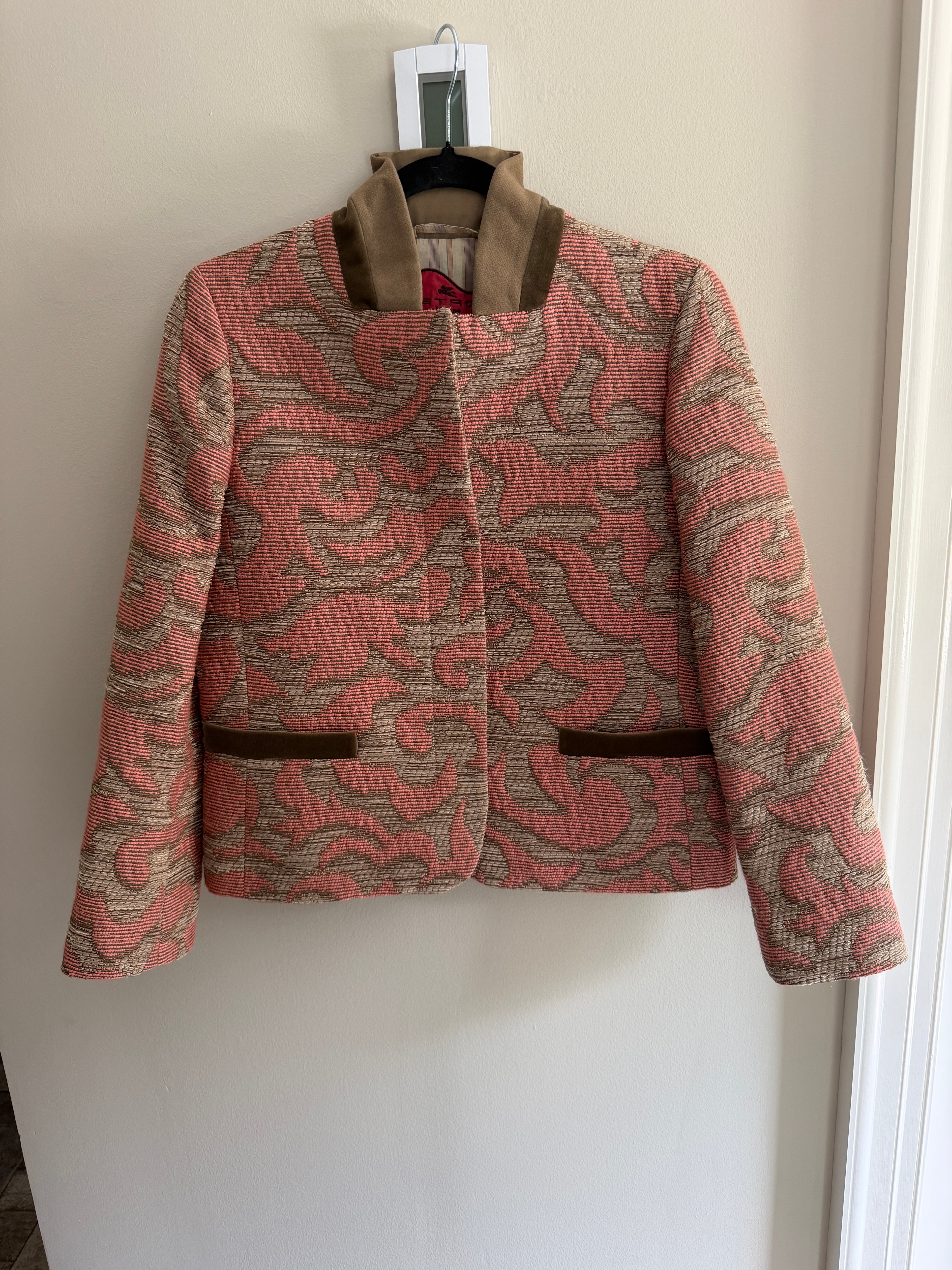 Etro Pink Printed Shawl Collar Blazer IT44 Wool Silk Blend Tailored Jacket