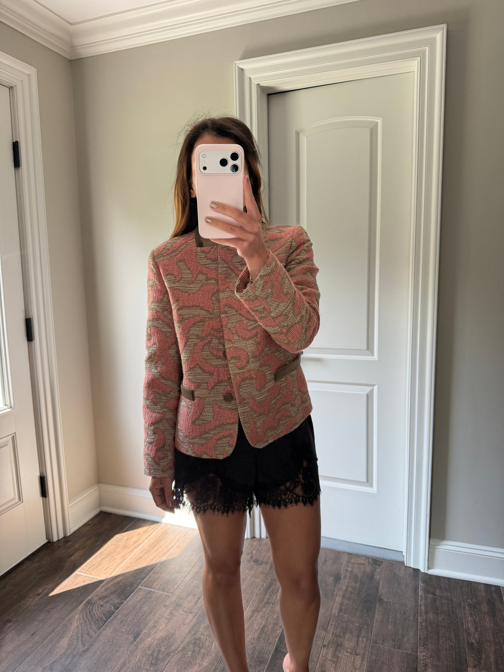 Etro Pink Printed Shawl Collar Blazer IT44 Wool Silk Blend Tailored Jacket