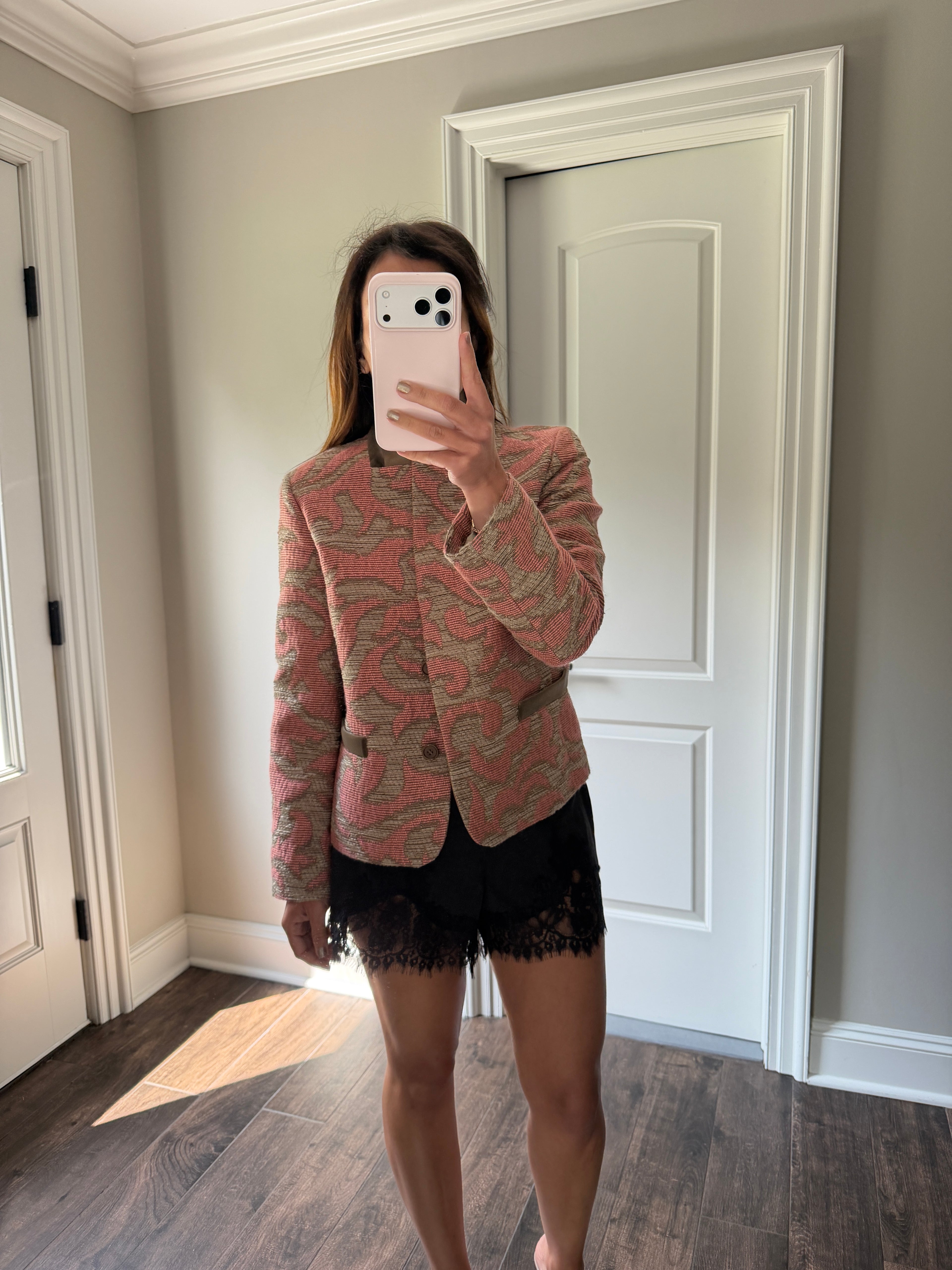 Etro Pink Printed Shawl Collar Blazer IT44 Wool Silk Blend Tailored Jacket