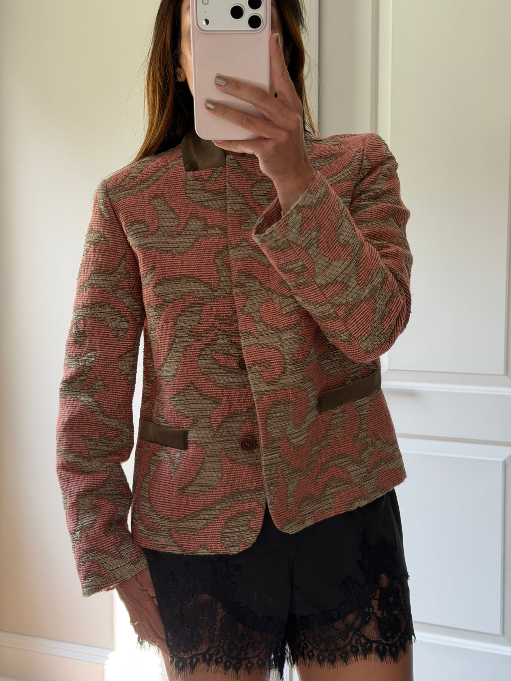 Etro Pink Printed Shawl Collar Blazer IT44 Wool Silk Blend Tailored Jacket