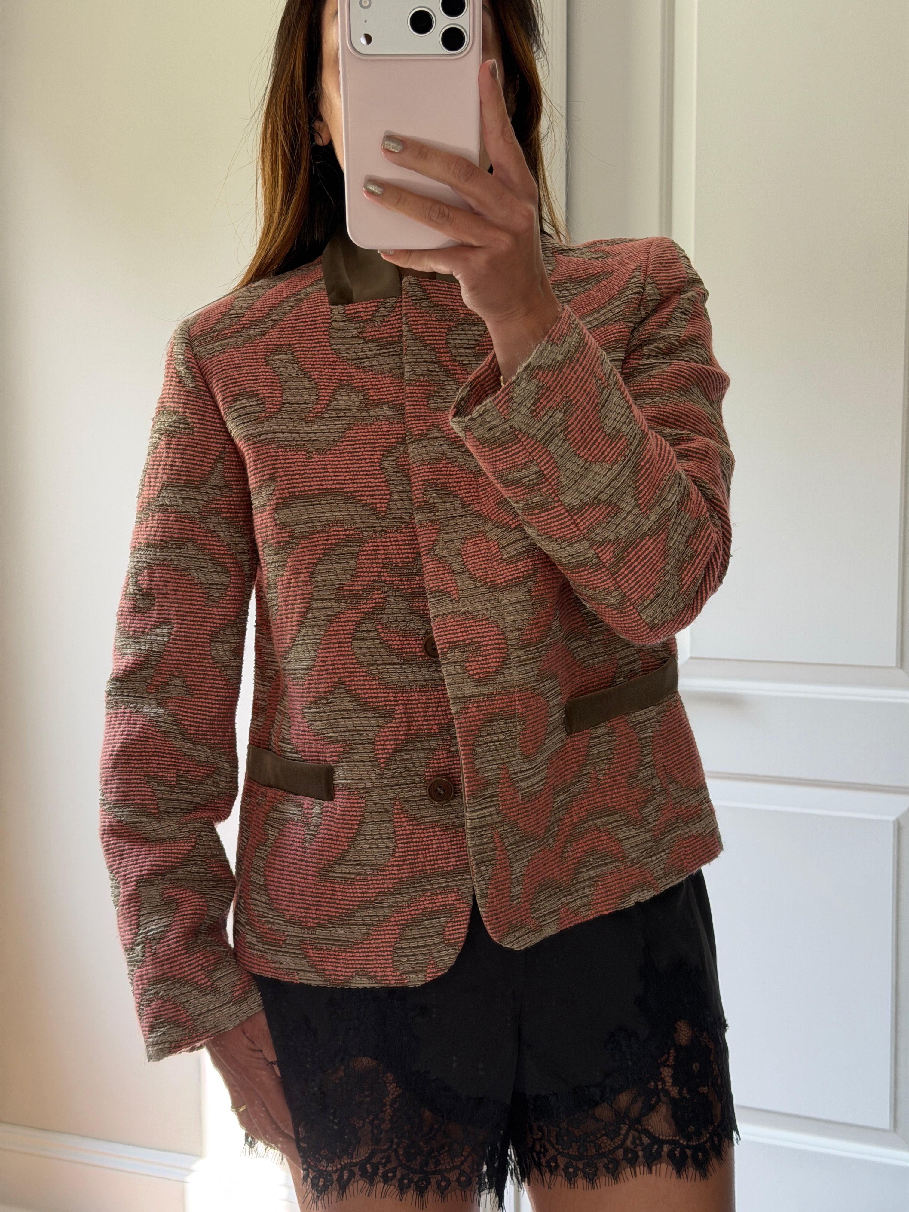 Etro Pink Printed Shawl Collar Blazer IT44 Wool Silk Blend Tailored Jacket