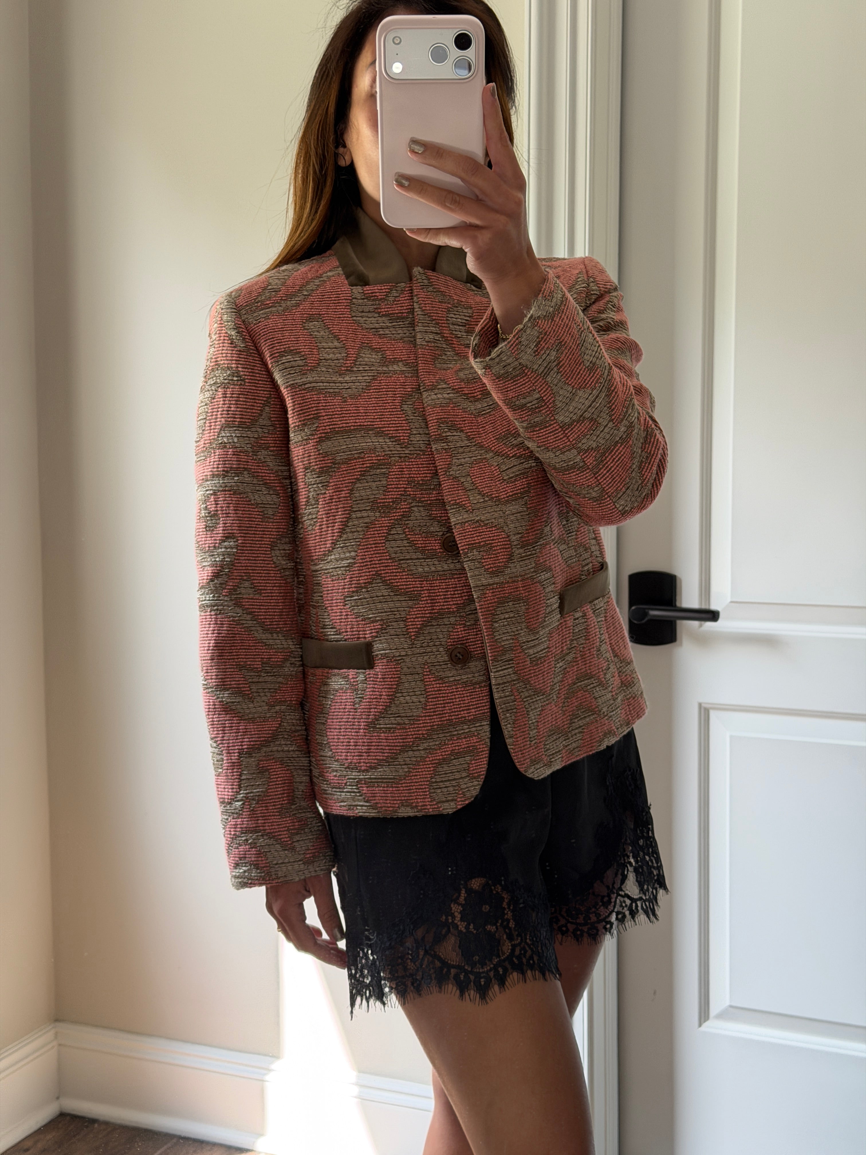 Etro Pink Printed Shawl Collar Blazer IT44 Wool Silk Blend Tailored Jacket