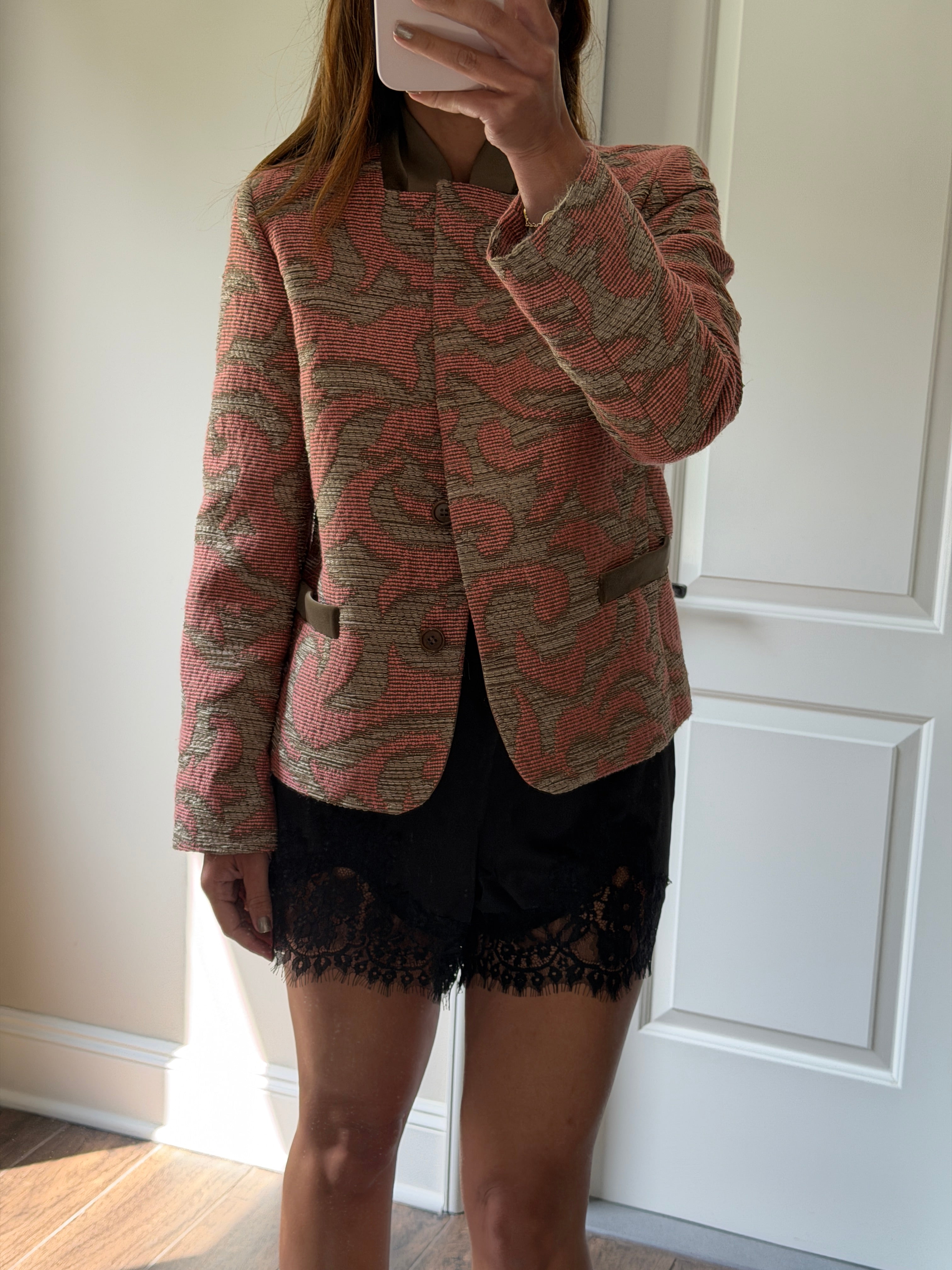 Etro Pink Printed Shawl Collar Blazer IT44 Wool Silk Blend Tailored Jacket