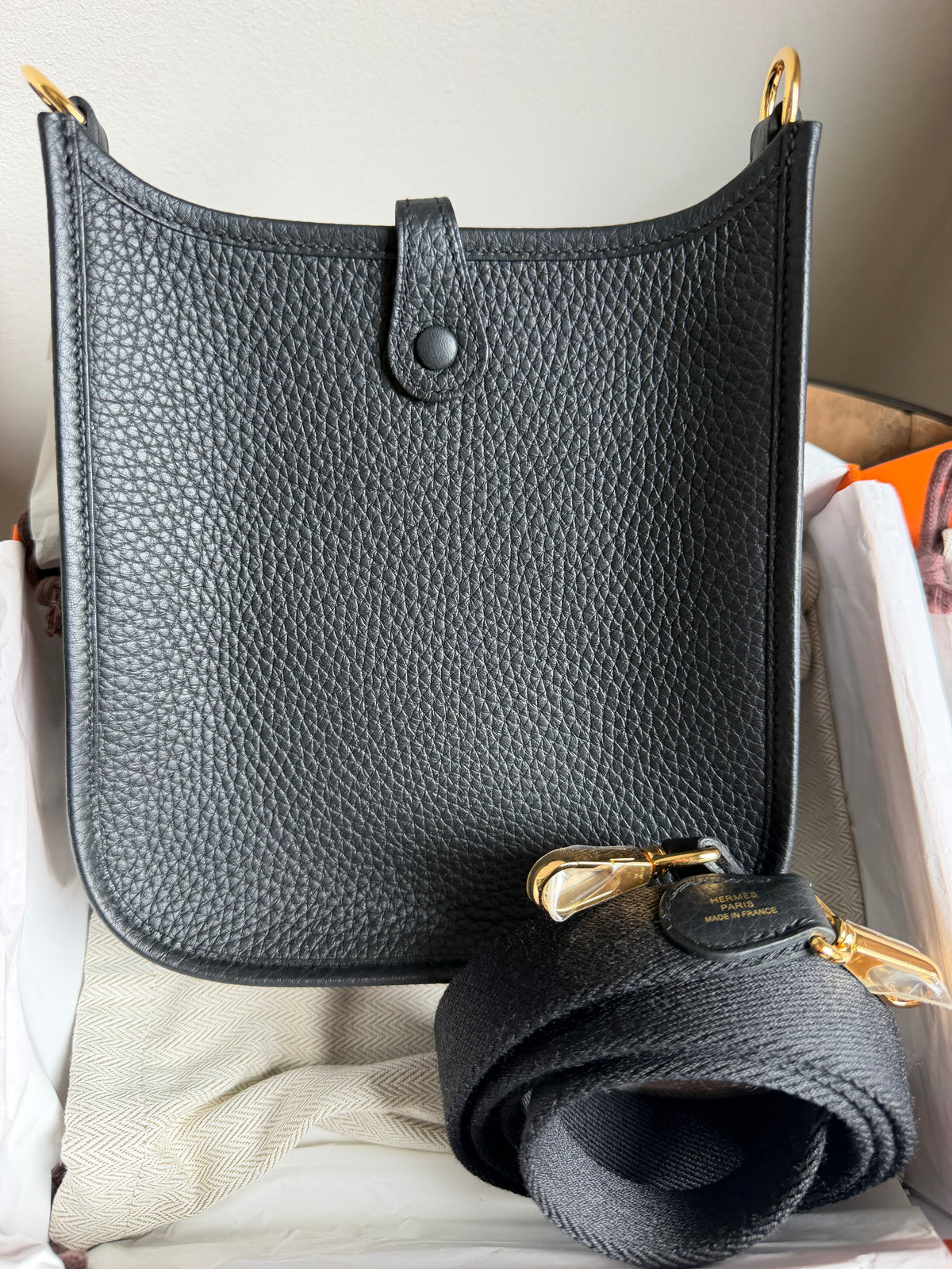Hermès Mini Evelyne TPM 16 Noir Clemence Leather Crossbody Bag Gold Hardware 2025