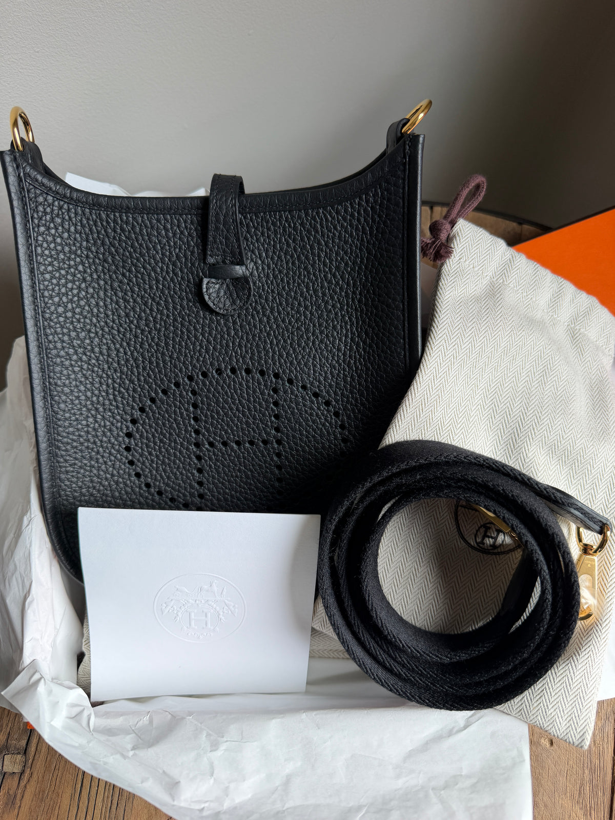 Hermès Mini Evelyne TPM 16 Noir Clemence Leather Crossbody Bag Gold Hardware 2025