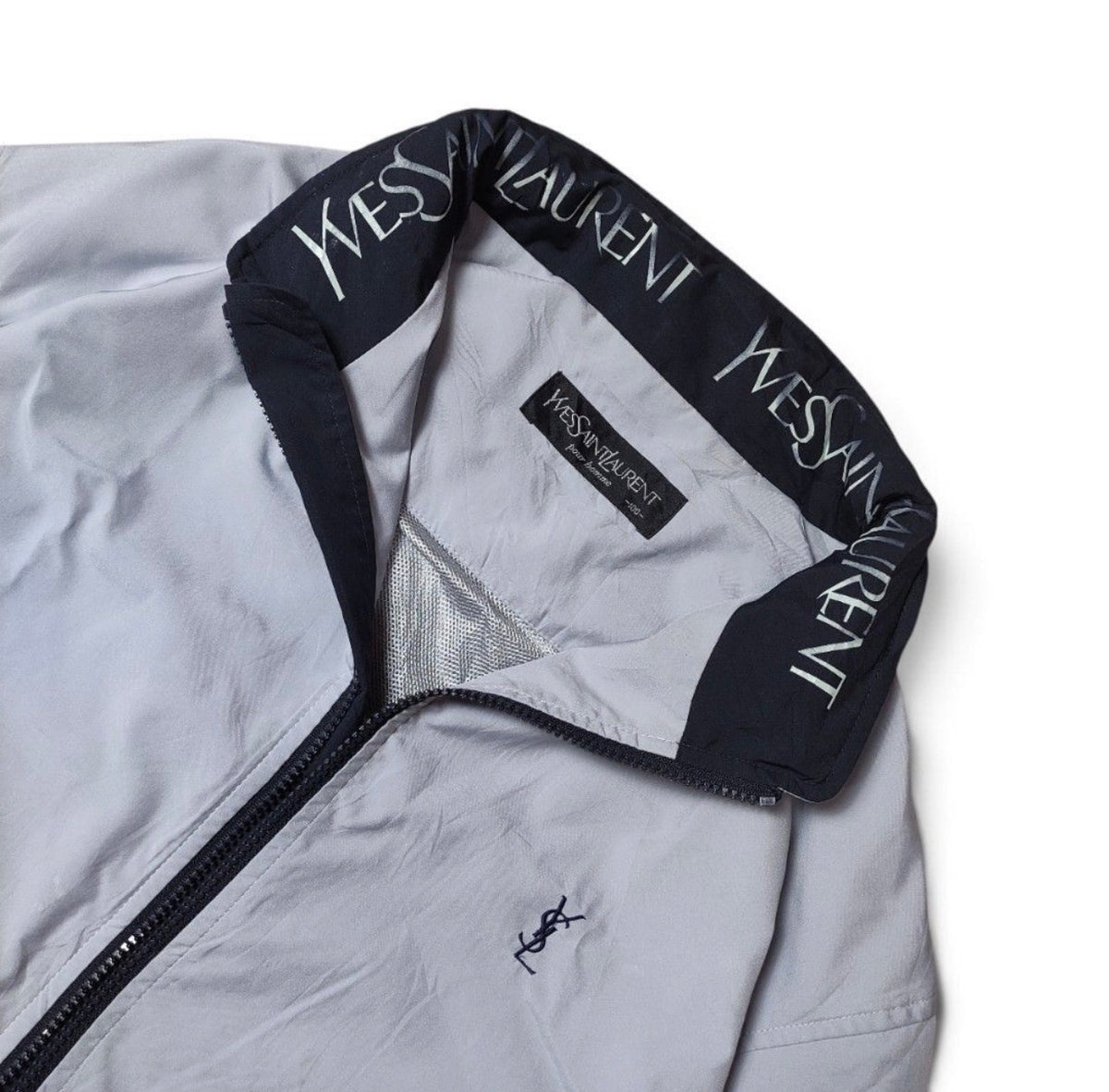 Vintage Yves Saint Laurent YSL Logo Collar Windbreaker Jacket Rare CINCH HEM