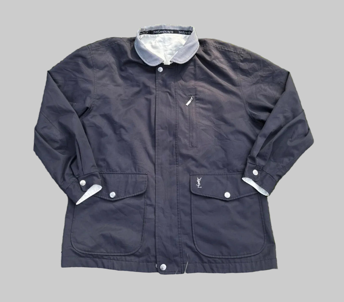 Vintage Yves Saint Laurent YSL Reversible Windbreaker Jacket Grey White Navy