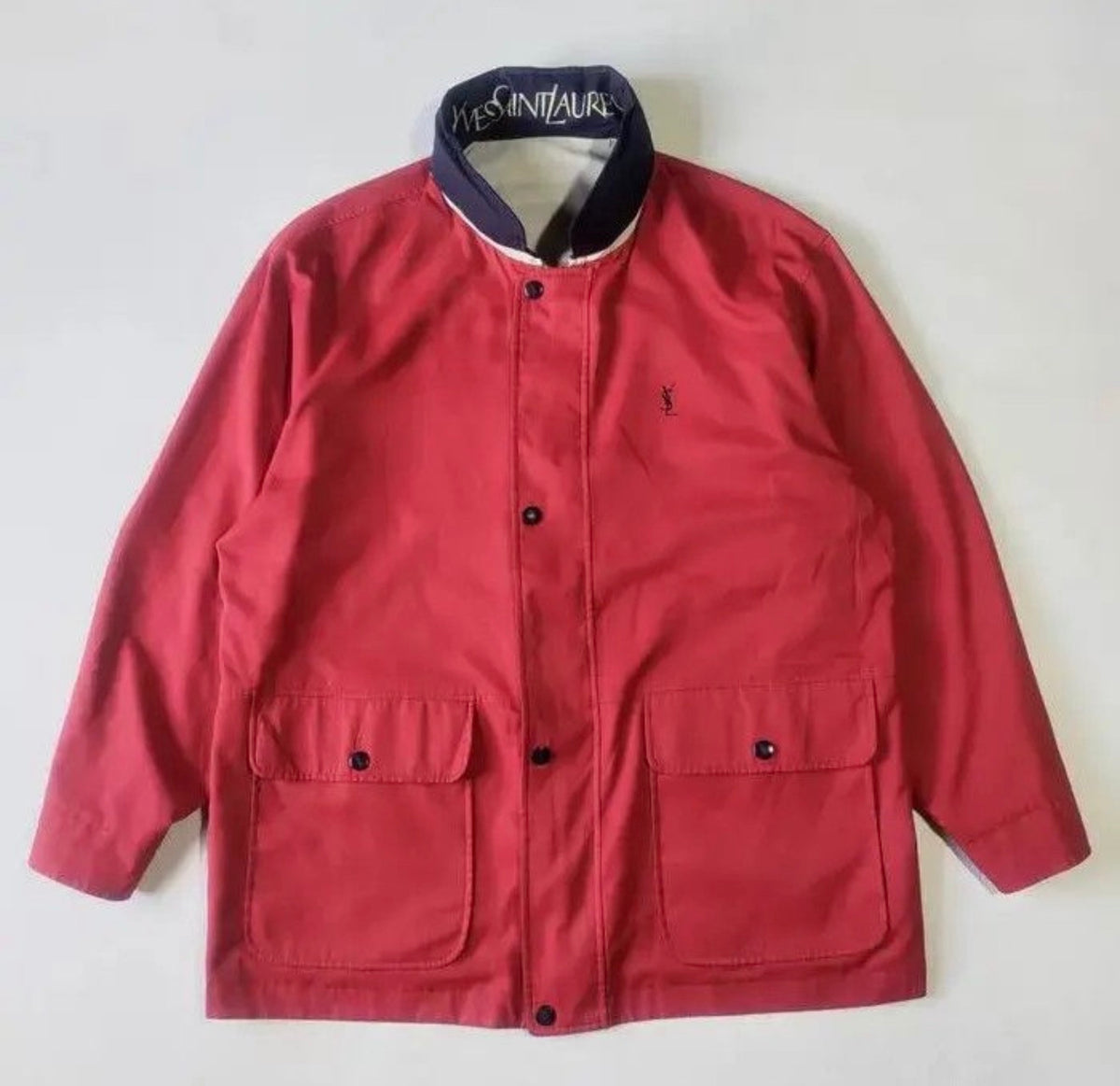 Rare Vintage Yves Saint Laurent YSL Reversible Jacket Off White Red Navy Logo Collar