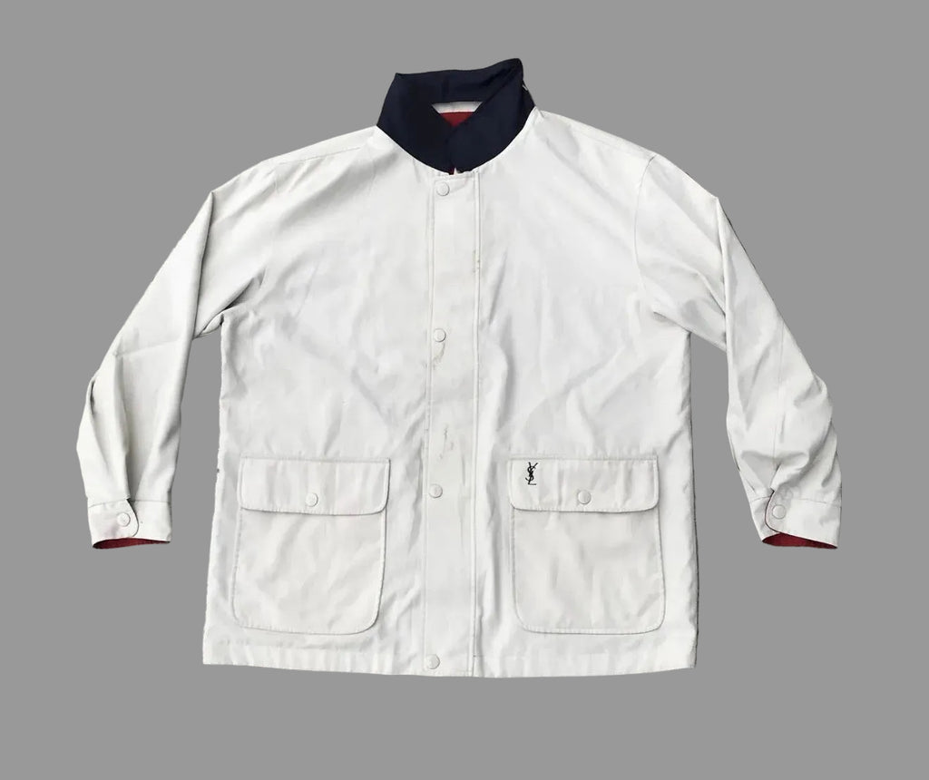 Rare Vintage Yves Saint Laurent YSL Reversible Jacket Off White Red Navy Logo Collar