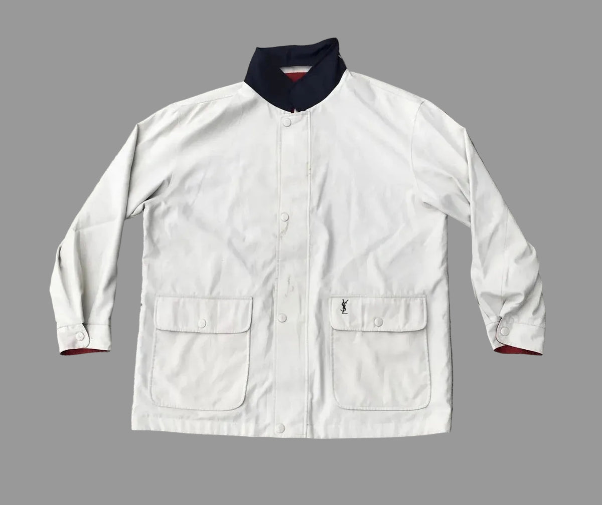 Rare Vintage Yves Saint Laurent YSL Reversible Jacket Off White Red Navy Logo Collar