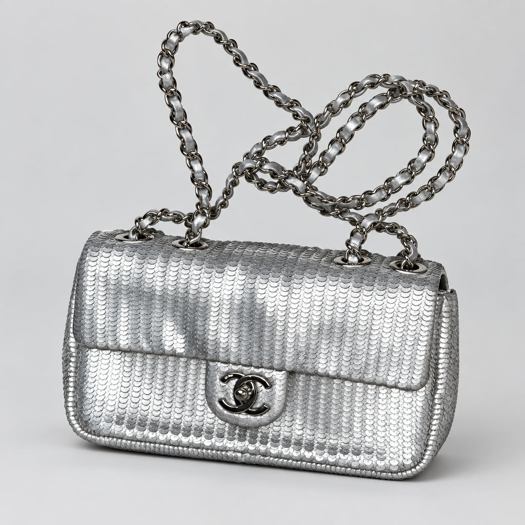 Chanel Laser Cut Silver Metallic Small Flap Bag