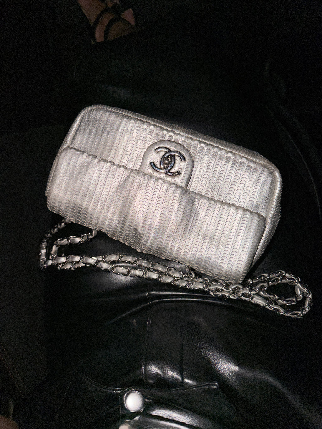 Chanel Laser Cut Silver Metallic Small Flap Bag