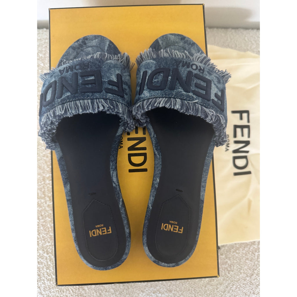FENDI Sunshine Floral Denim Frayed Slide Sandals BNIB Size 36